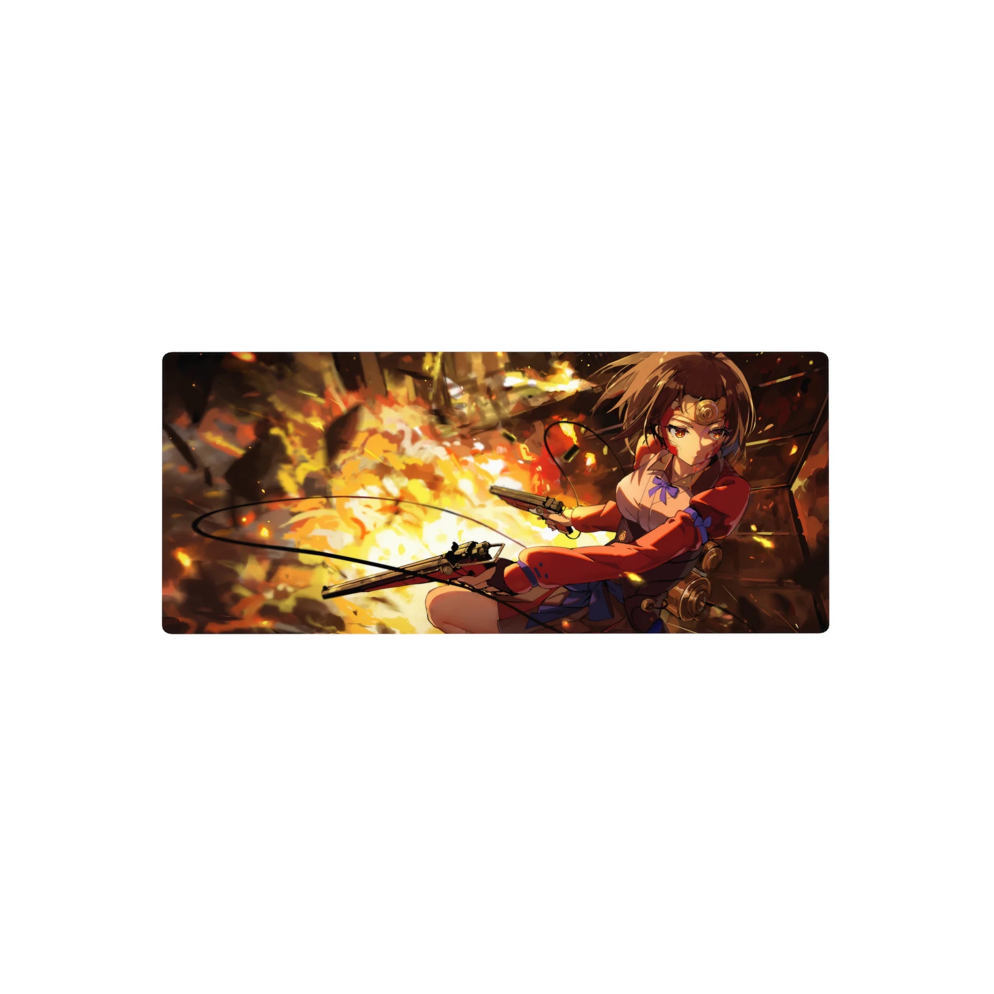 Steampunk anime girl mouse pad 28x12 inches with twin pistols, red jacket, gears and cables.