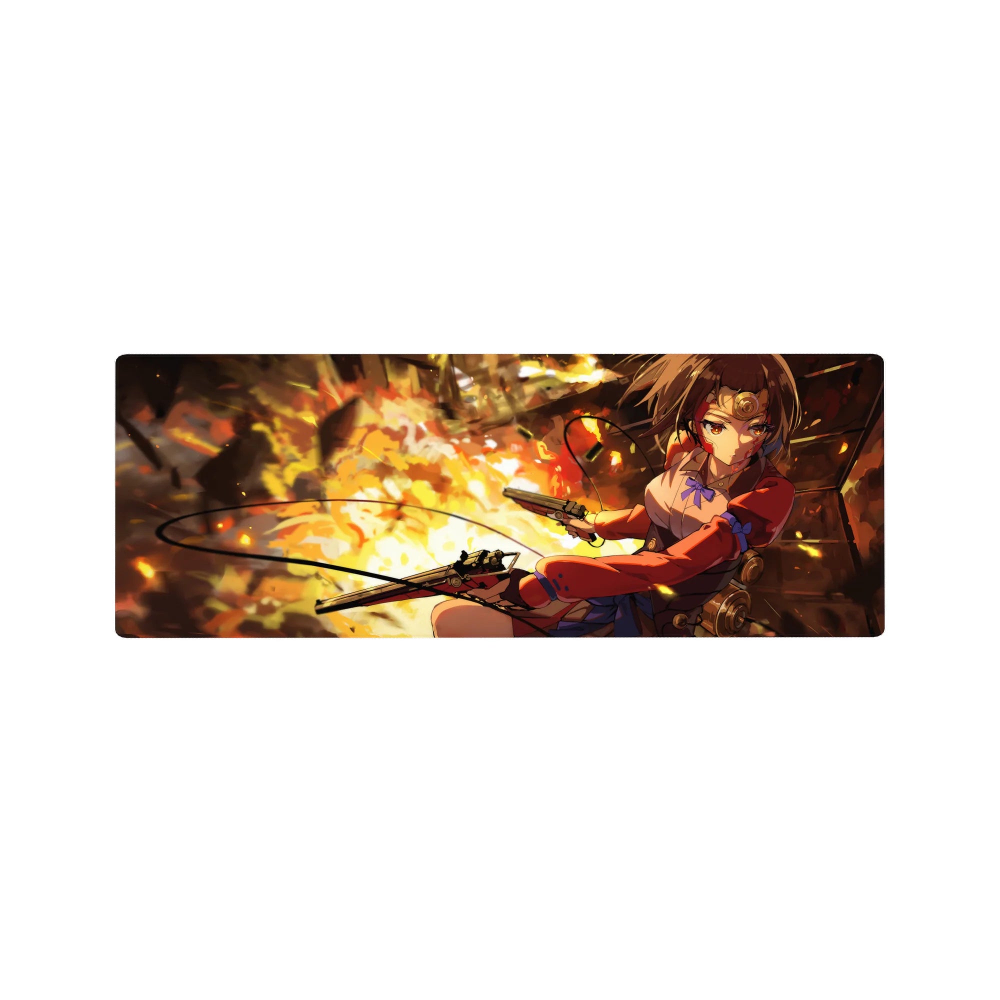 32x12 inches anime girl mouse pad with steampunk pistols, gears, cables, and fiery action background.