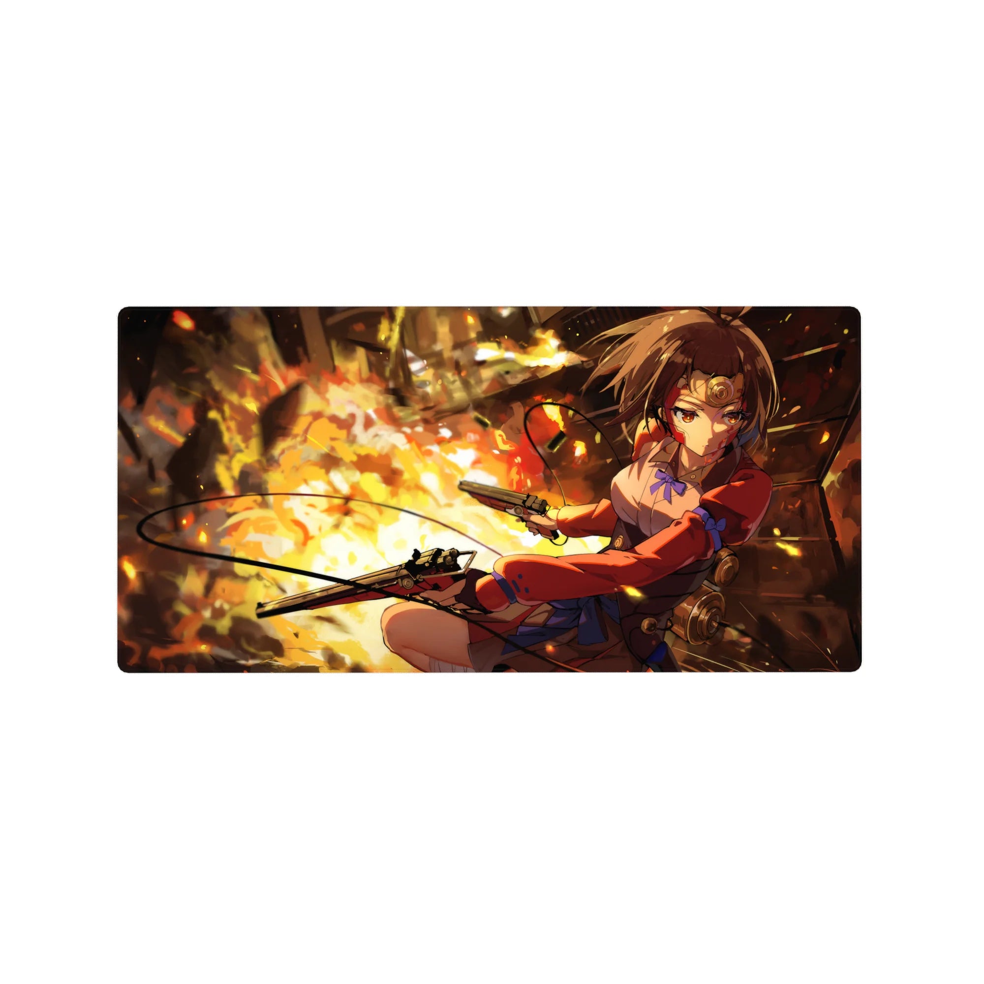 32x16 inches anime girl mouse pad with steampunk pistols, red jacket, gears, and embers action art.