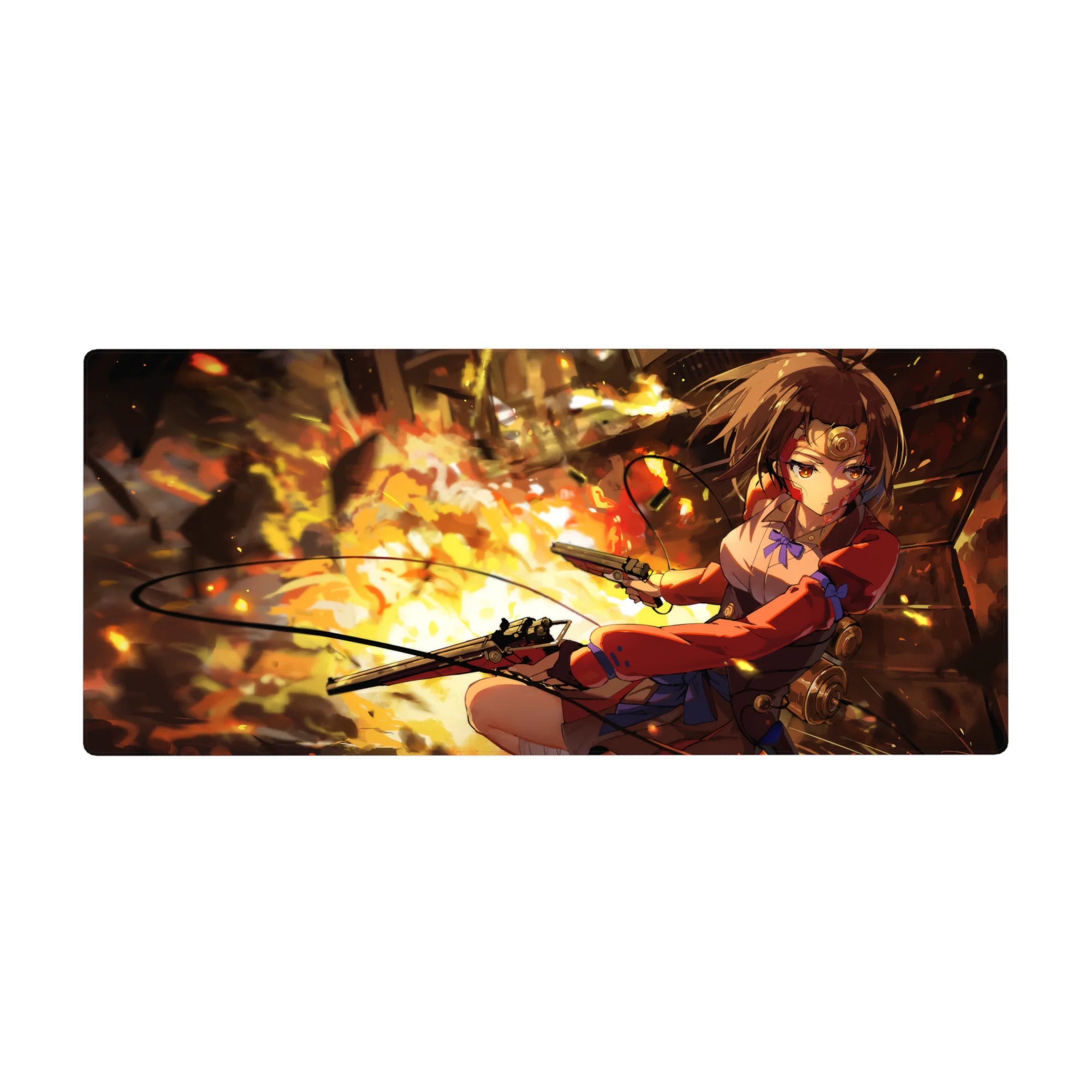 Anime girl desk pad 36x16 inches with steampunk pistols, red jacket, brass gears, and flying embers.