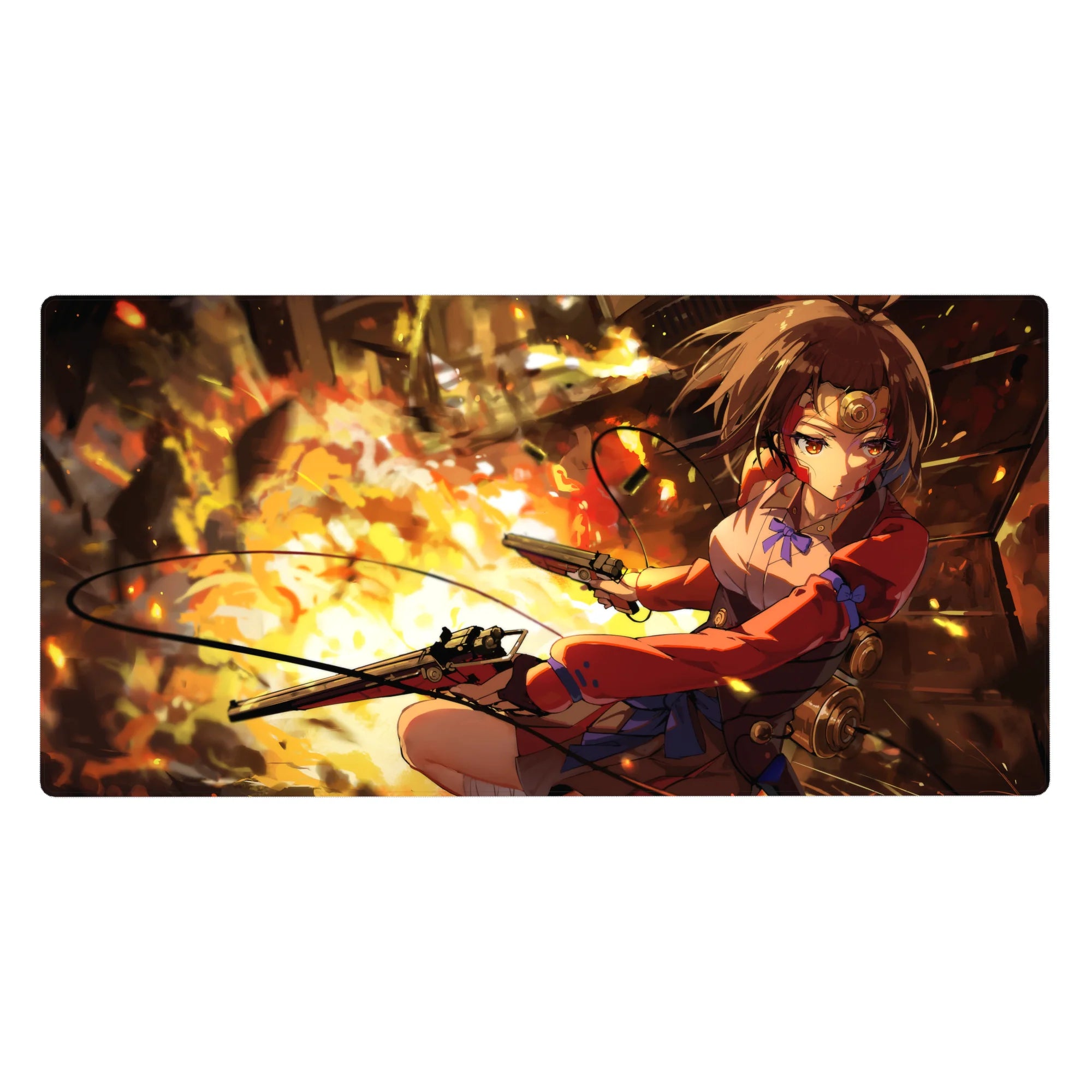 Steampunk anime girl desk pad 40x20 inches with twin pistols, gears, cables, and embers.