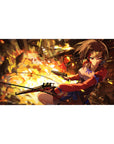 Steampunk anime girl desk pad 40x20 inches with twin pistols, gears, cables, and embers.