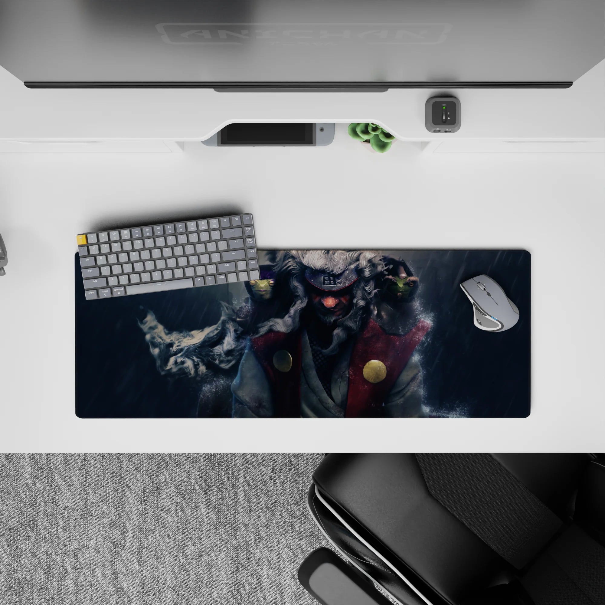 32x12 inches Naruto desk mat in deep navy and smoky white mist, calm storm mood with soft grain detail.