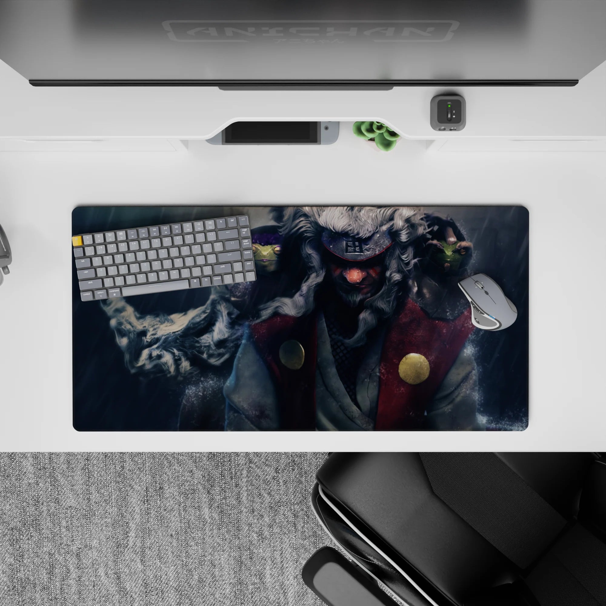 32x16 inches anime mouse pad in deep navy, smoky whites, and bold red, calm storm mood for gaming.