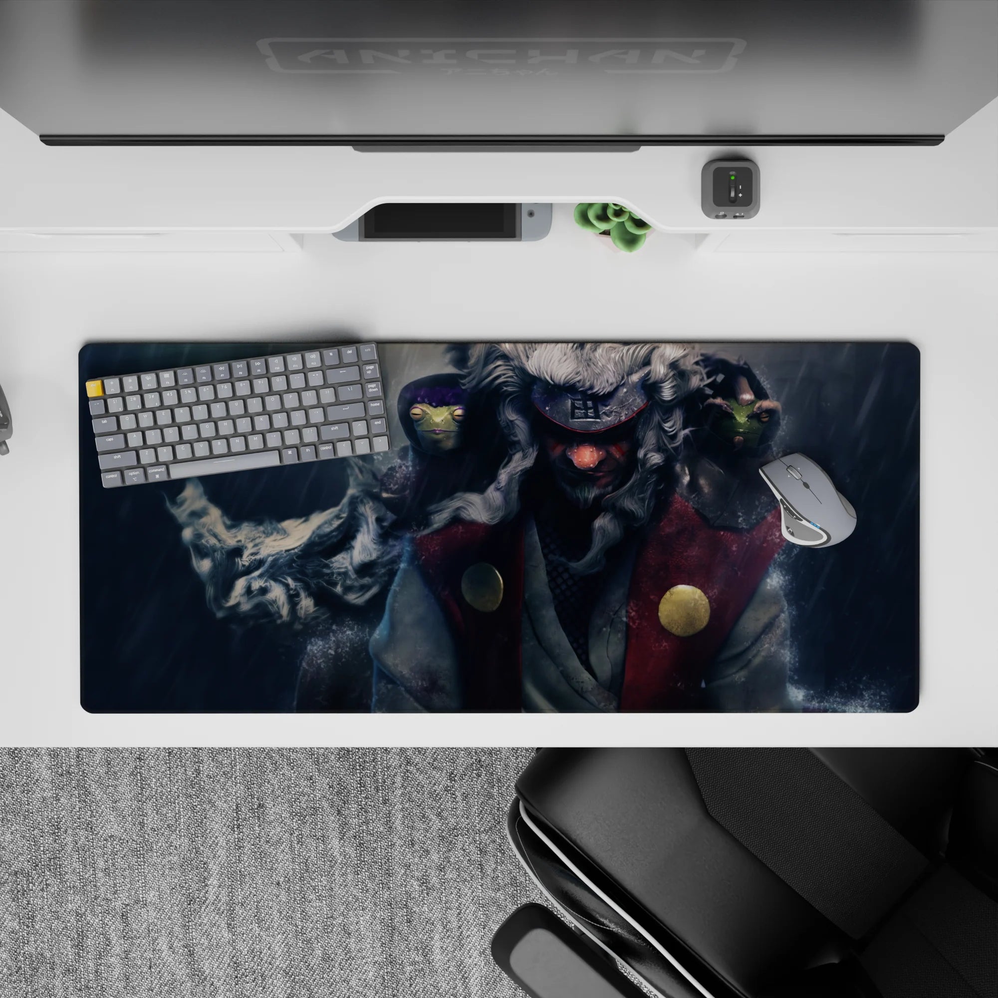 36x16 inches desk pad in deep navy, smoky white mist, and bold red coat, calm storm anime mood.