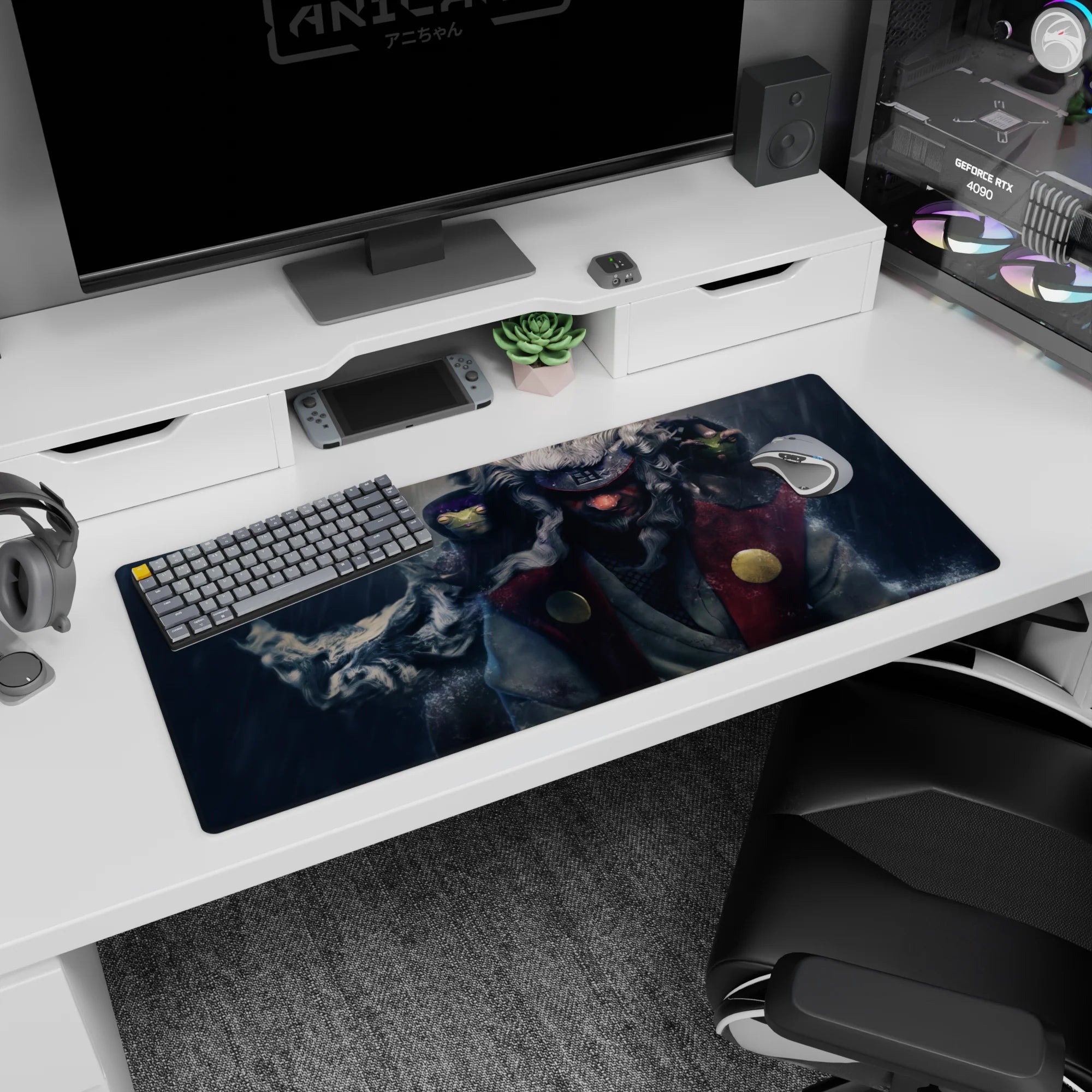 36x16 inches Naruto desk pad showing Jiraiya in rain with Gamakichi and Gamatatsu perched like guards.