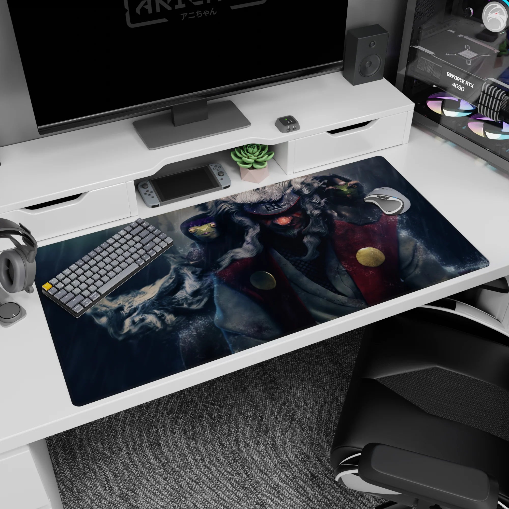 40x20 inches Naruto desk pad featuring Jiraiya with Gamakichi and Gamatatsu in misty rain.