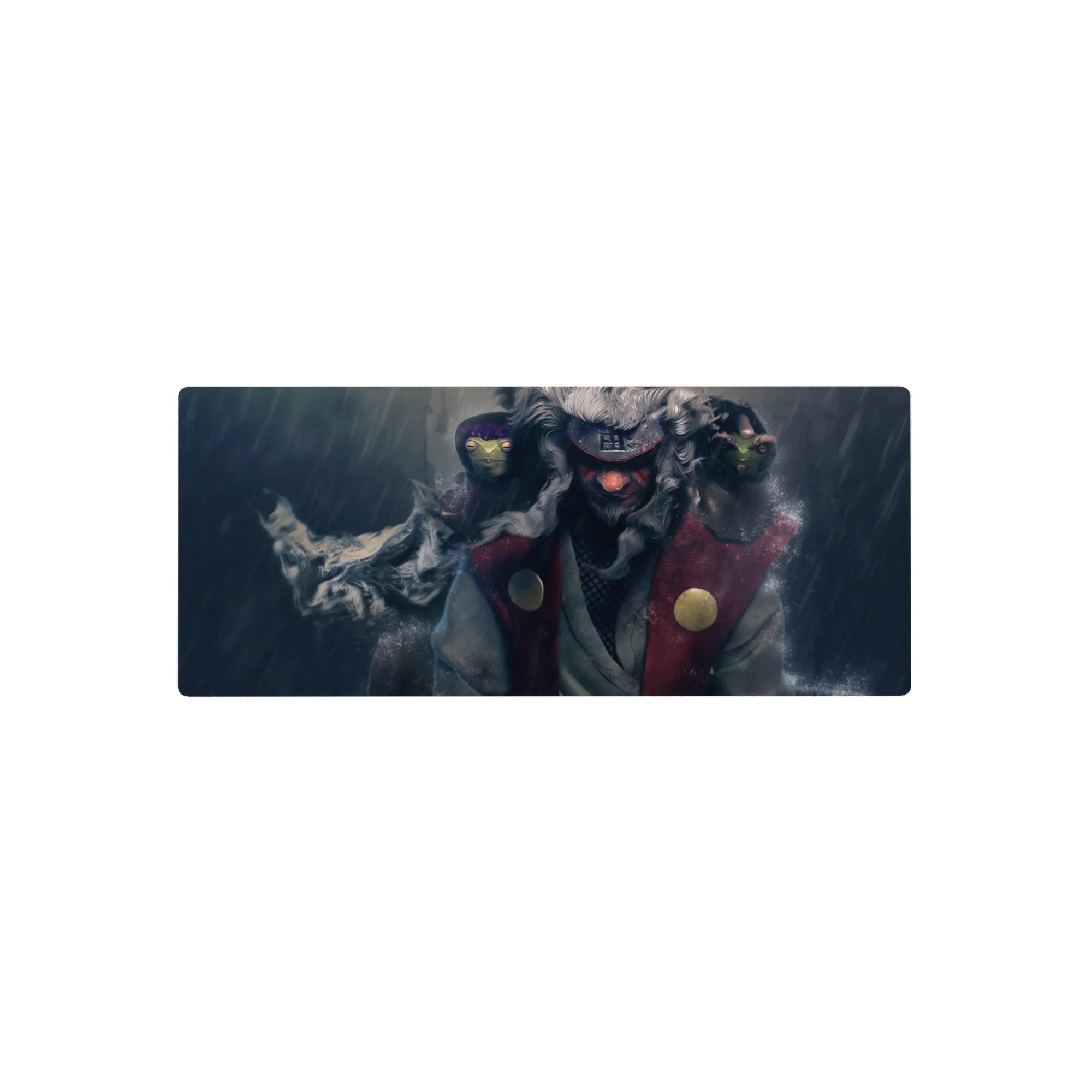 28x12 inches anime mouse pad with rain-soaked Jiraiya scene, splashing water texture and grain detail.
