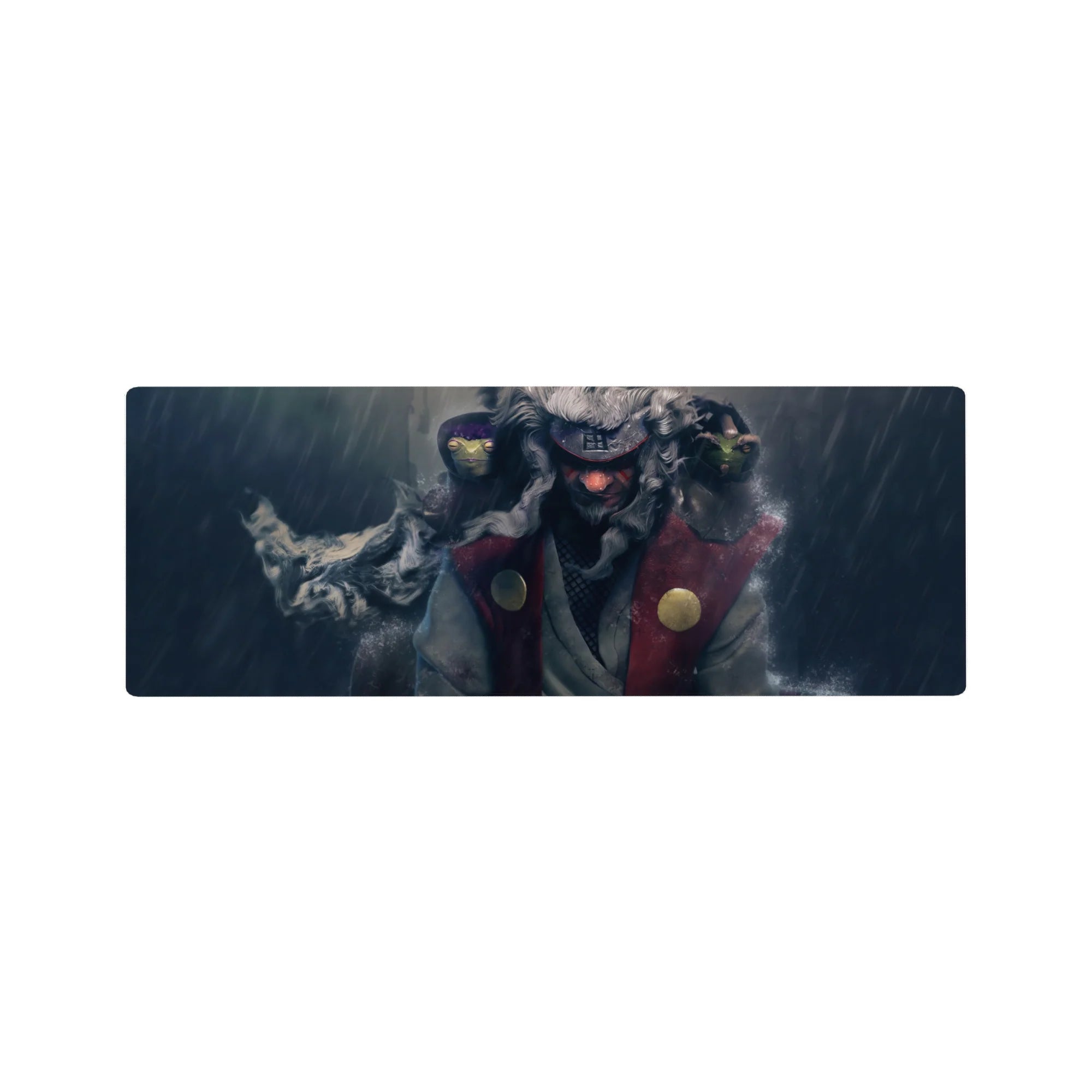 32x12 inches anime mouse pad with rain-soaked Jiraiya scene, water splash textures, and bold red coat.