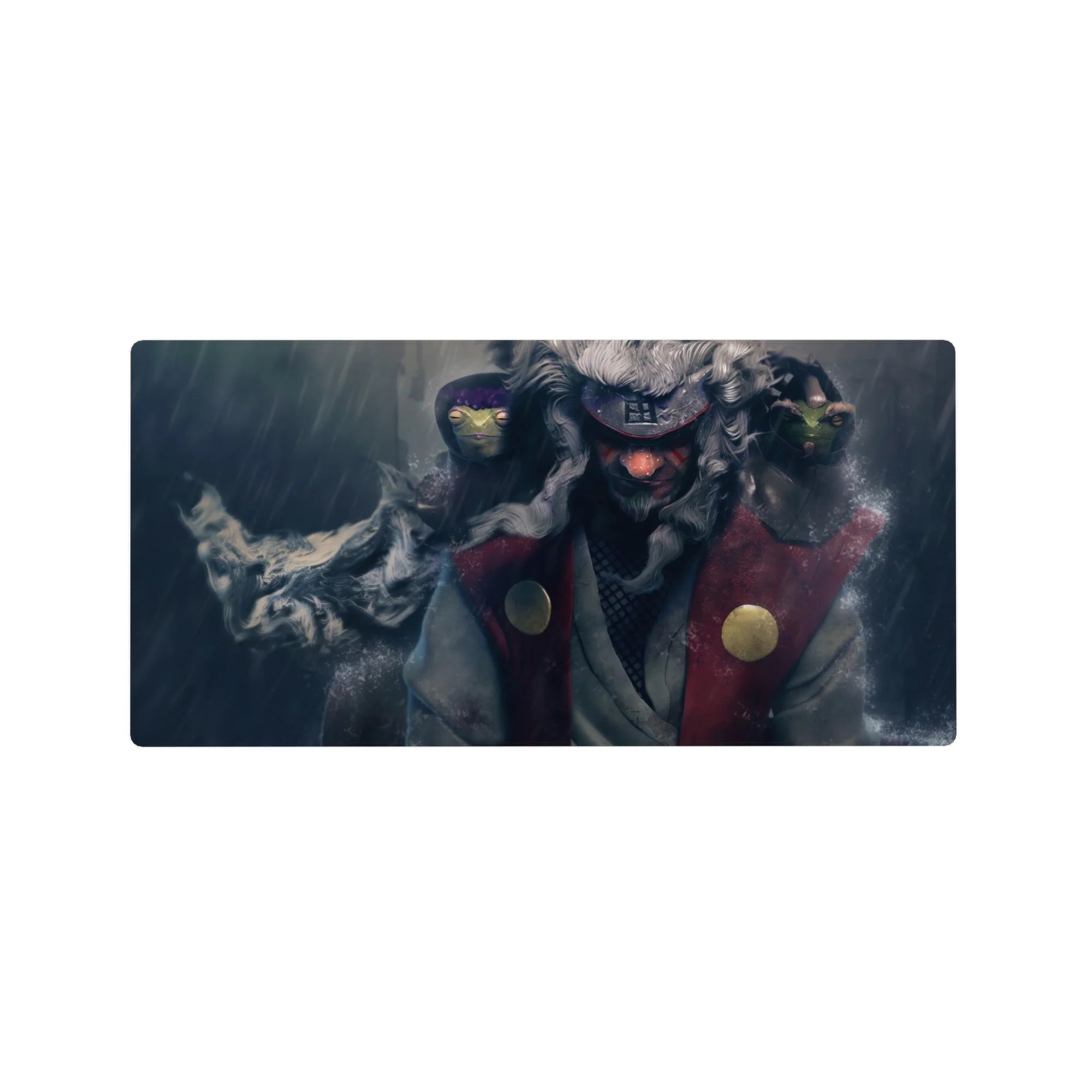 32x16 inches anime mouse pad with rainy mist scene, water splash texture, red coat and navy shadows.