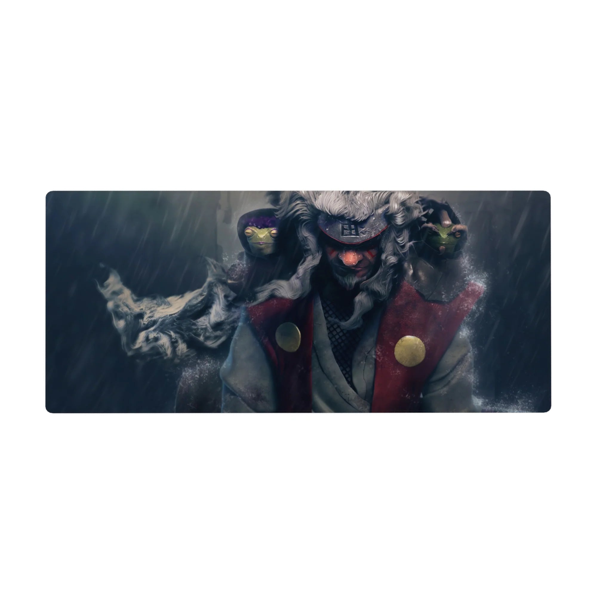 36x16 inches anime desk pad with rainy Jiraiya scene, Gamakichi and Gamatatsu, water splash texture.