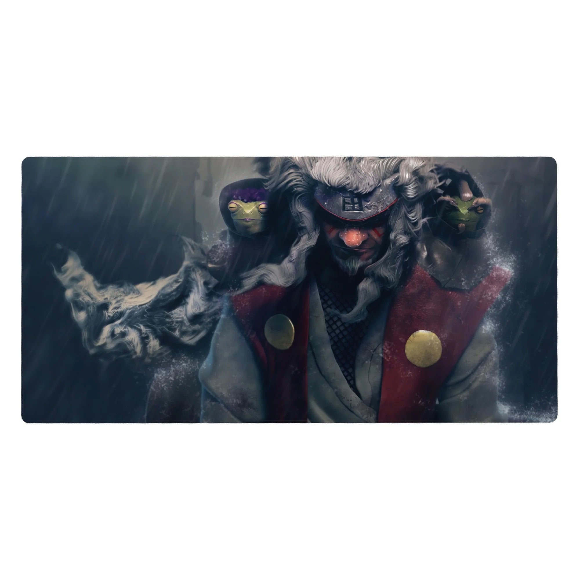40x20 inches anime desk pad with rain-soaked Jiraiya design, water splash textures, and soft grain detail.