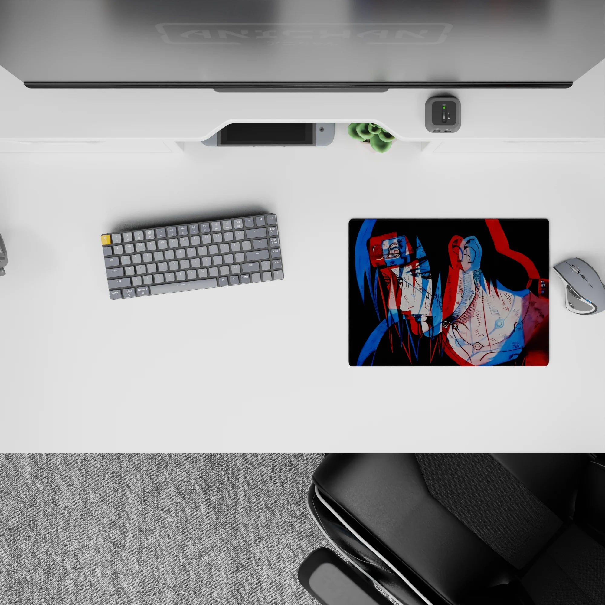 Dark genjutsu vibe anime mouse pad 14x10 inches, trippy red and blue double-image on black background.