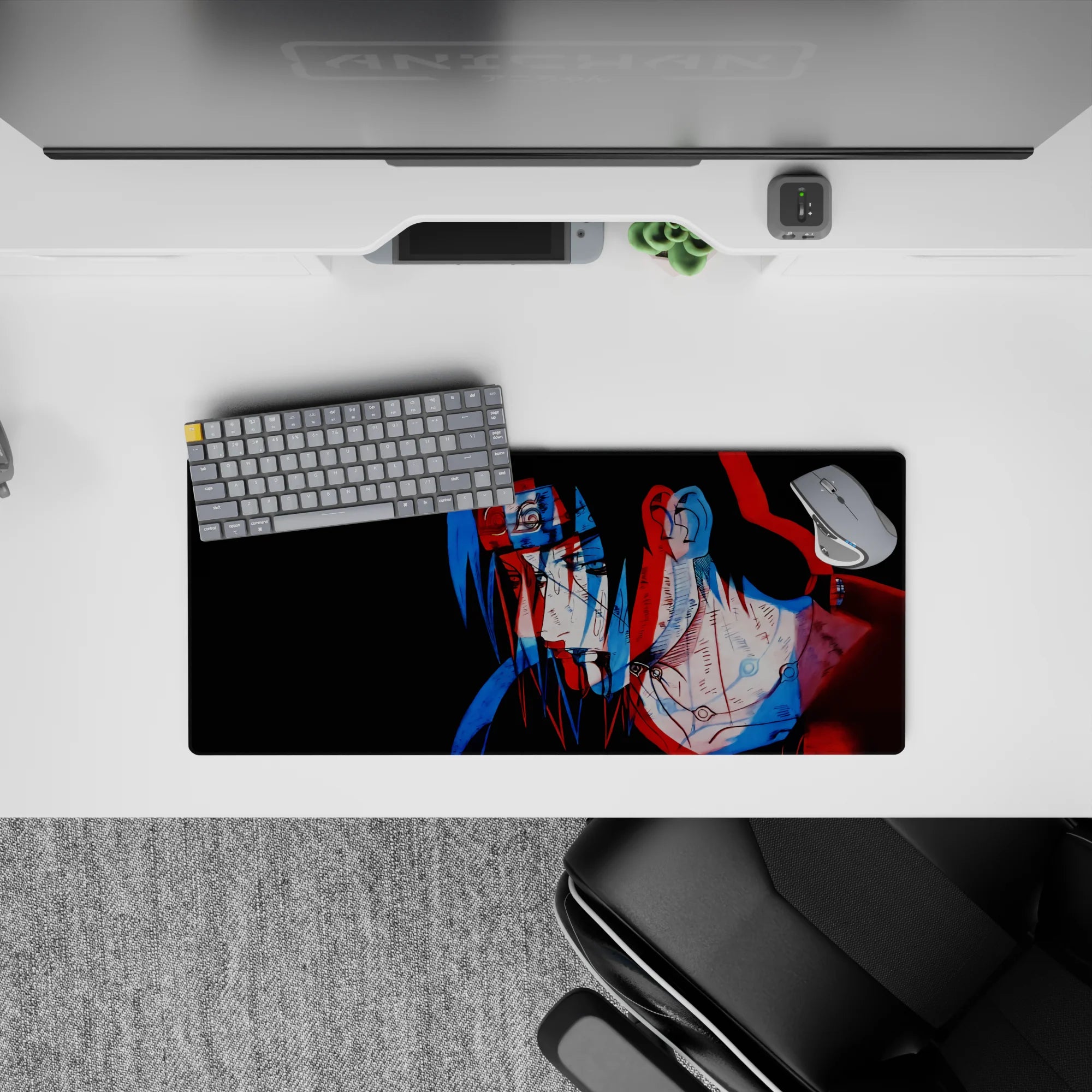 28x12 inches anime mouse pad in trippy red and blue on a black background, dark late-night vibe.