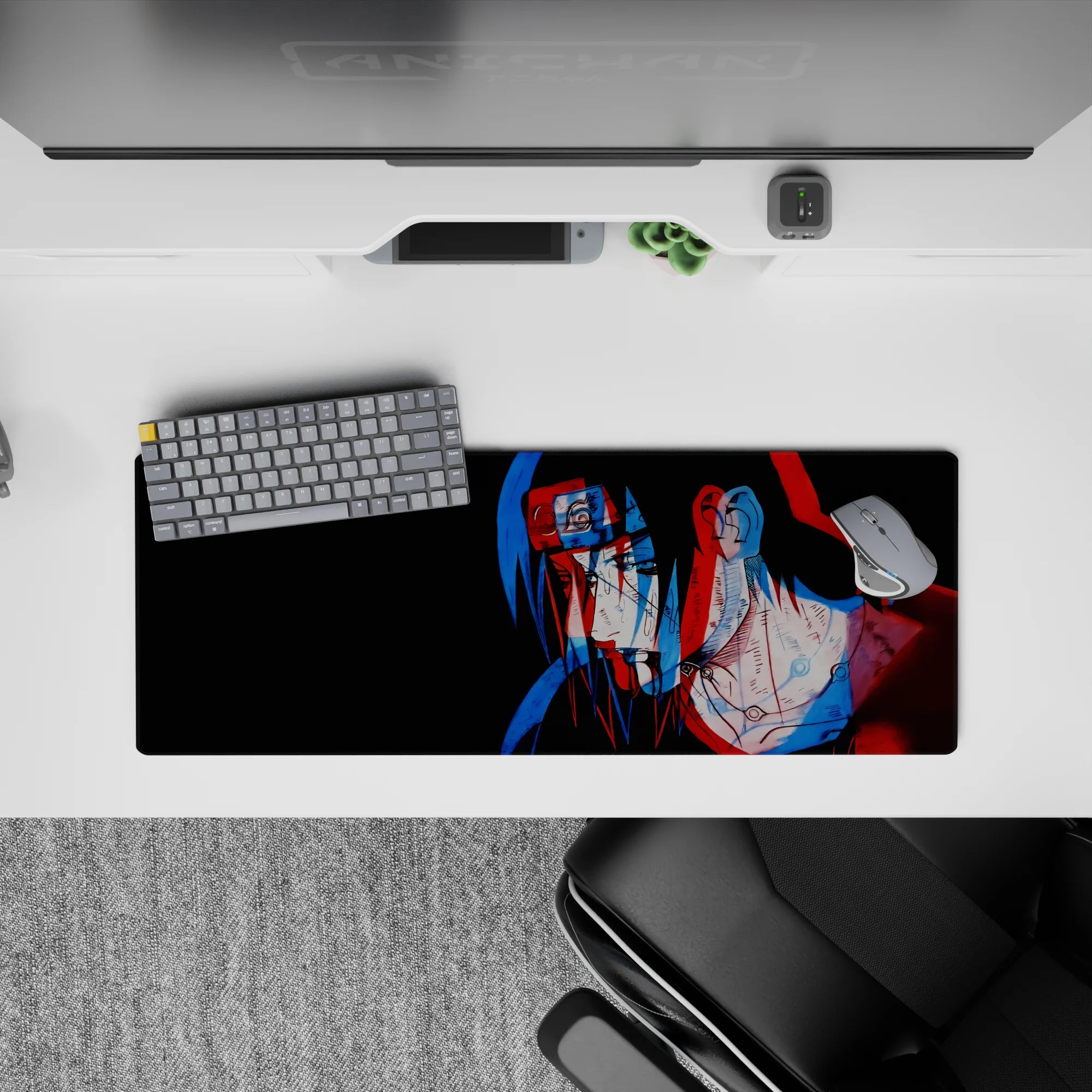 32x12 inches dark black mouse pad with trippy red and blue genjutsu vibe and calm tired eyes.