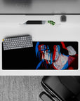 32x12 inches dark black mouse pad with trippy red and blue genjutsu vibe and calm tired eyes.