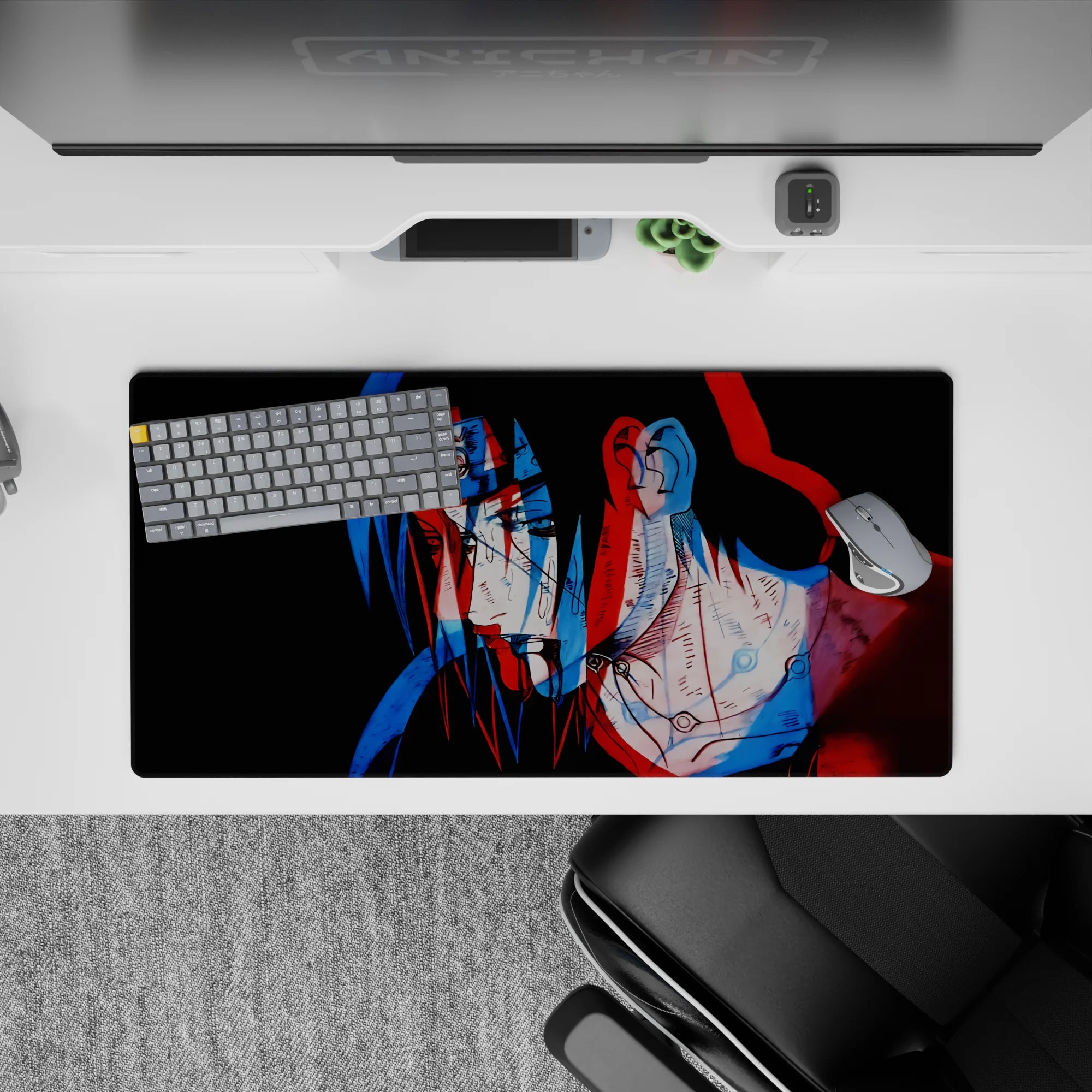 32x16 inches anime mouse pad in dark black with trippy red and blue genjutsu vibe, brooding mood.
