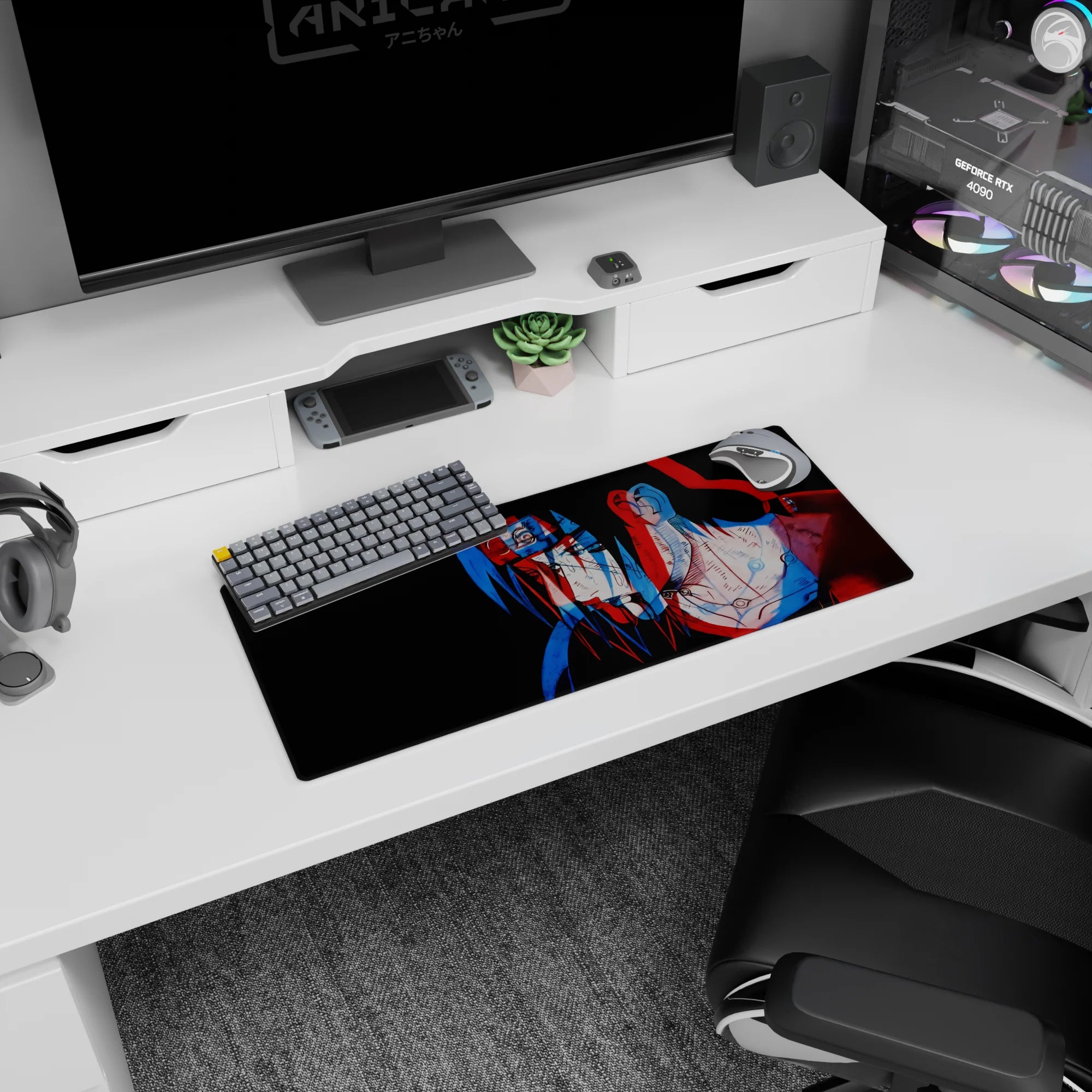 28x12 inches Naruto mouse pad featuring Itachi Uchiha with calm tired eyes in a genjutsu-style glitch look.