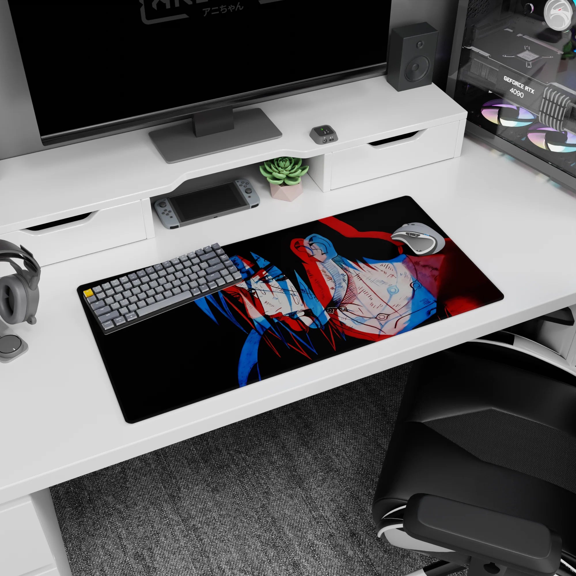32x16 inches Naruto mouse pad featuring Itachi Uchiha with calm tired eyes in a red-blue glitch effect.