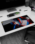32x16 inches Naruto mouse pad featuring Itachi Uchiha with calm tired eyes in a red-blue glitch effect.