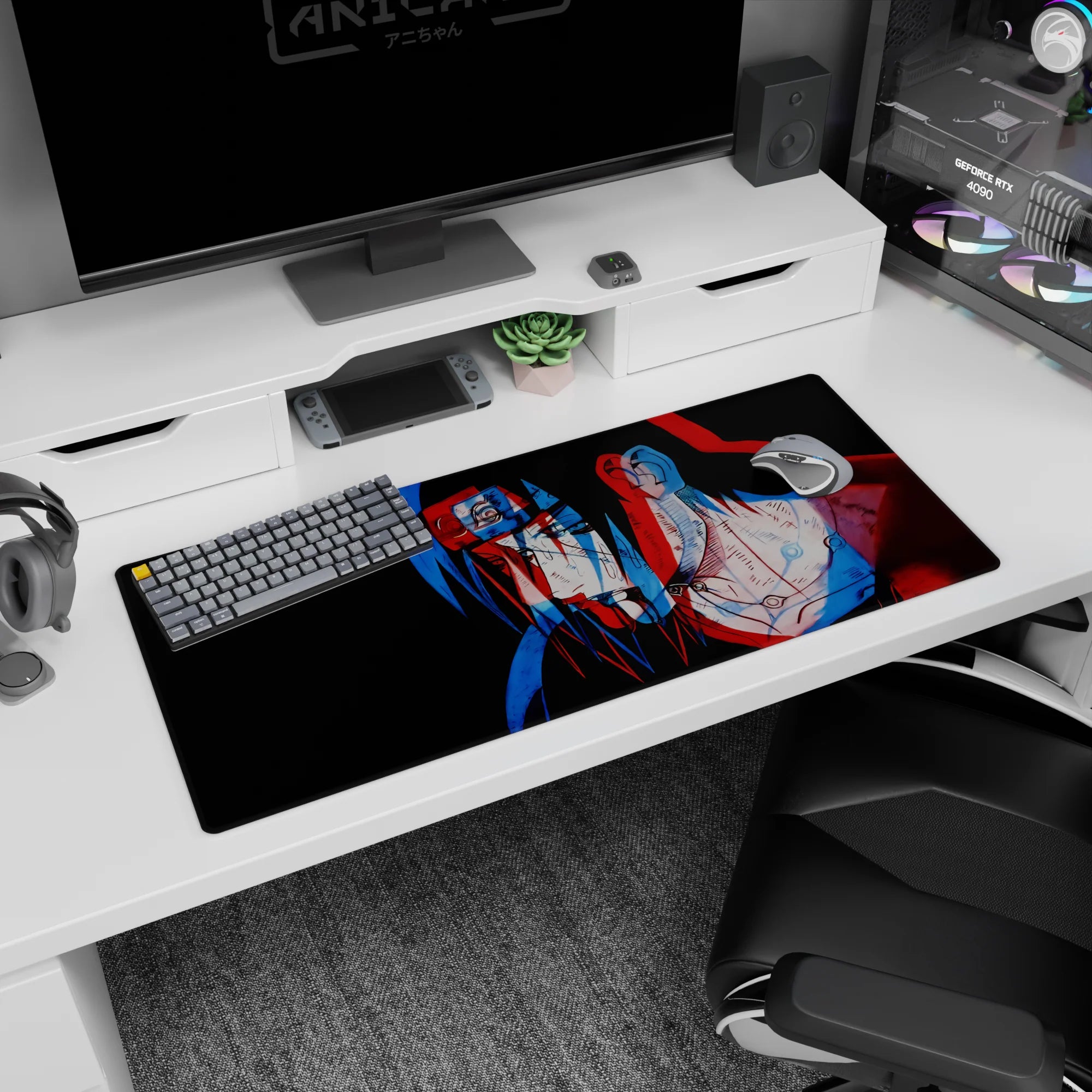 Itachi Uchiha close-up anime desk pad 36x16 inches with calm tired eyes and sketchy line art.