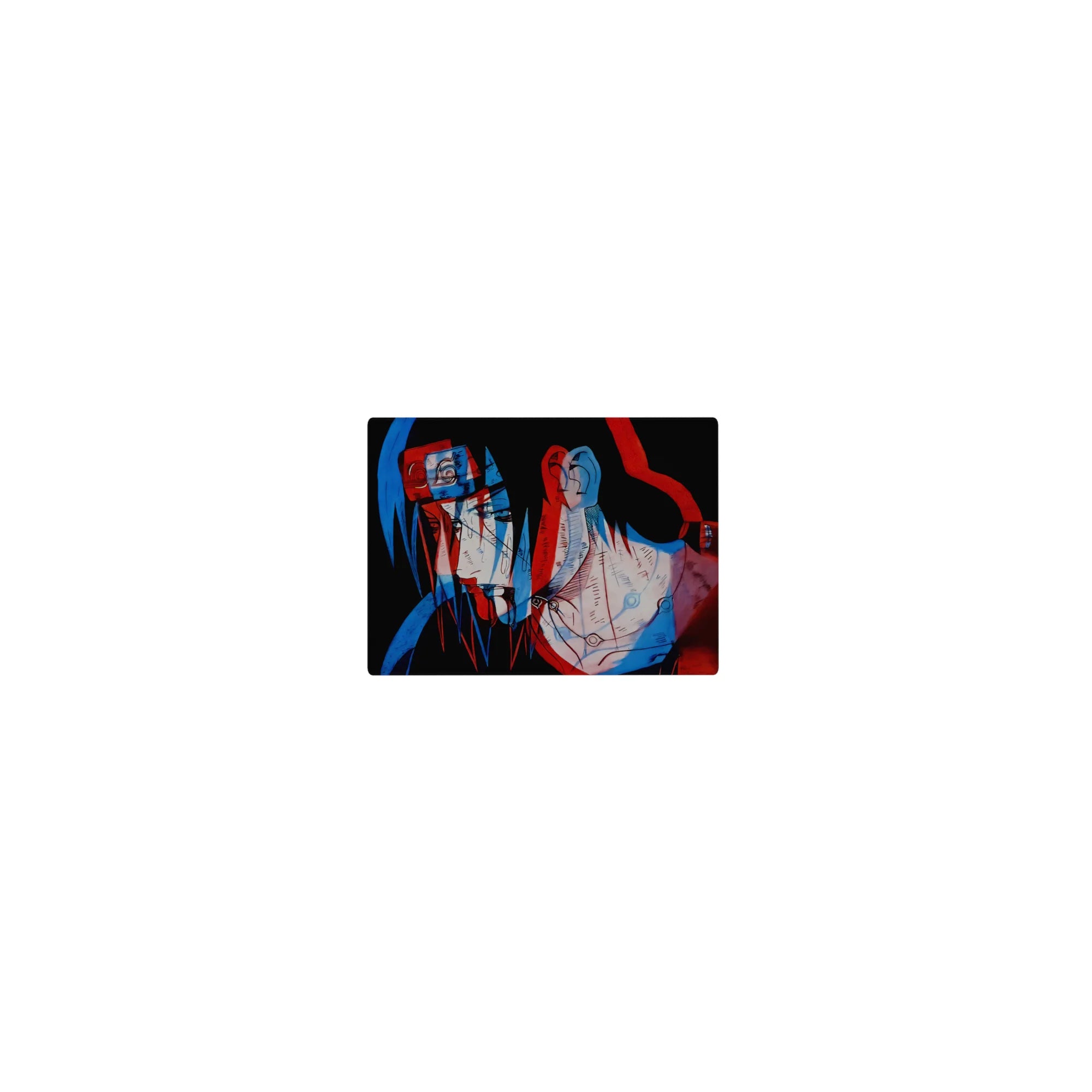 Classic anime mouse pad 14x10 inches with Itachi-style red/blue offset portrait on black, sketch line art.