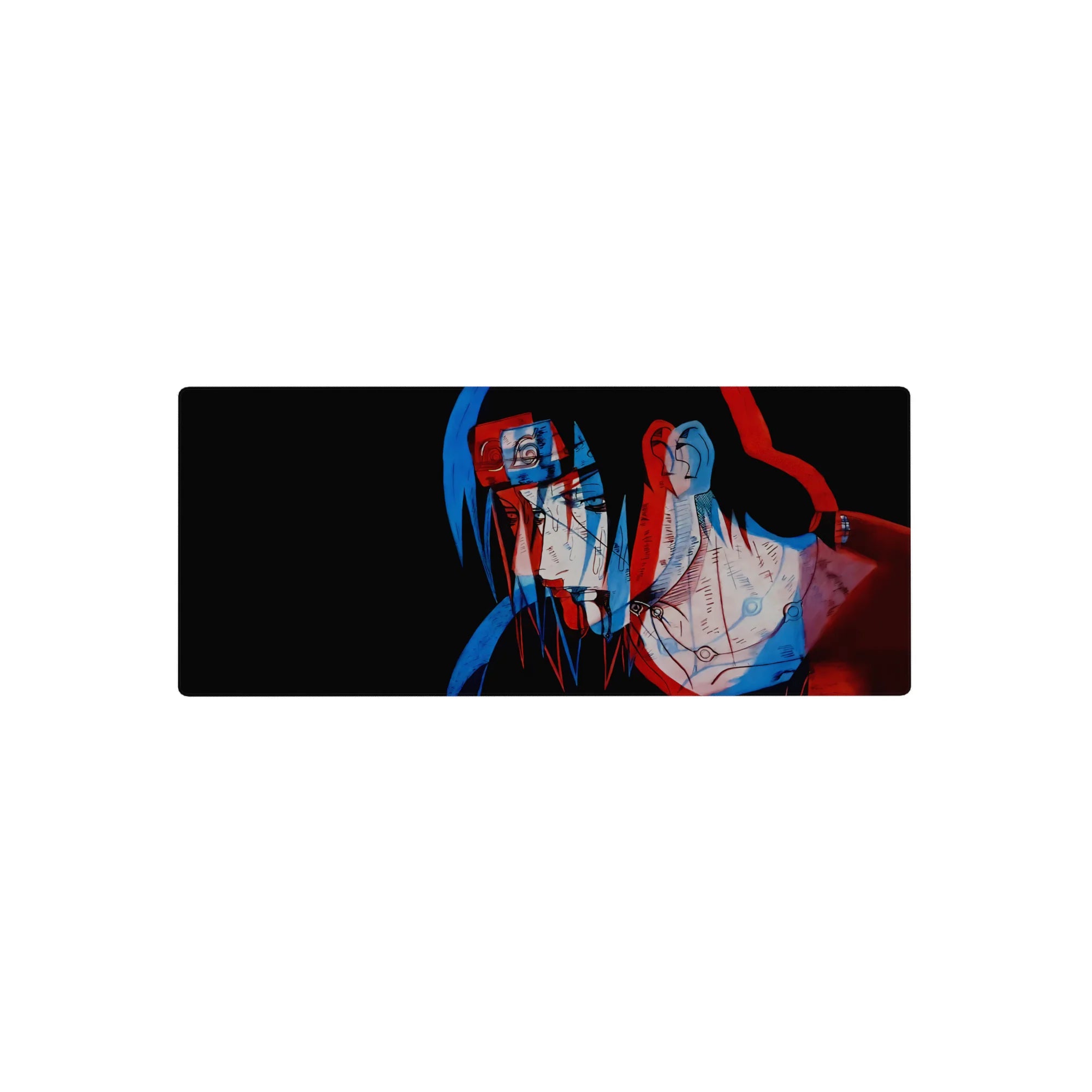 28x12 inches anime mouse pad with Itachi-inspired red/blue offset portrait on black, sketchy line art.