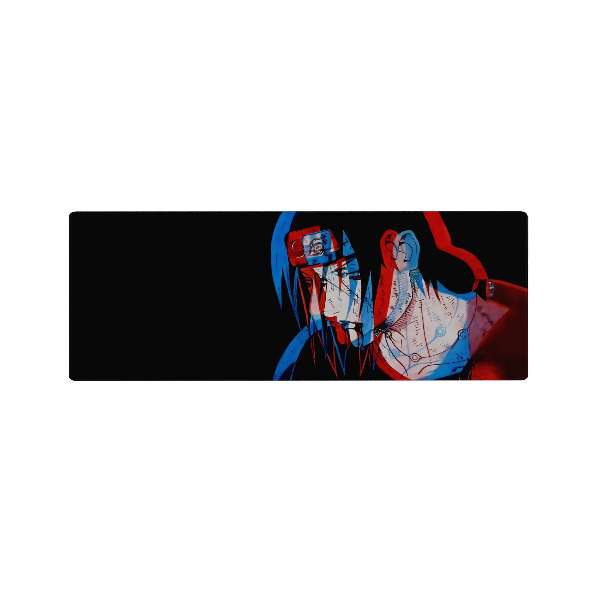 32x12 inches Naruto anime mouse pad with Itachi Uchiha red-blue offset sketch on black background.