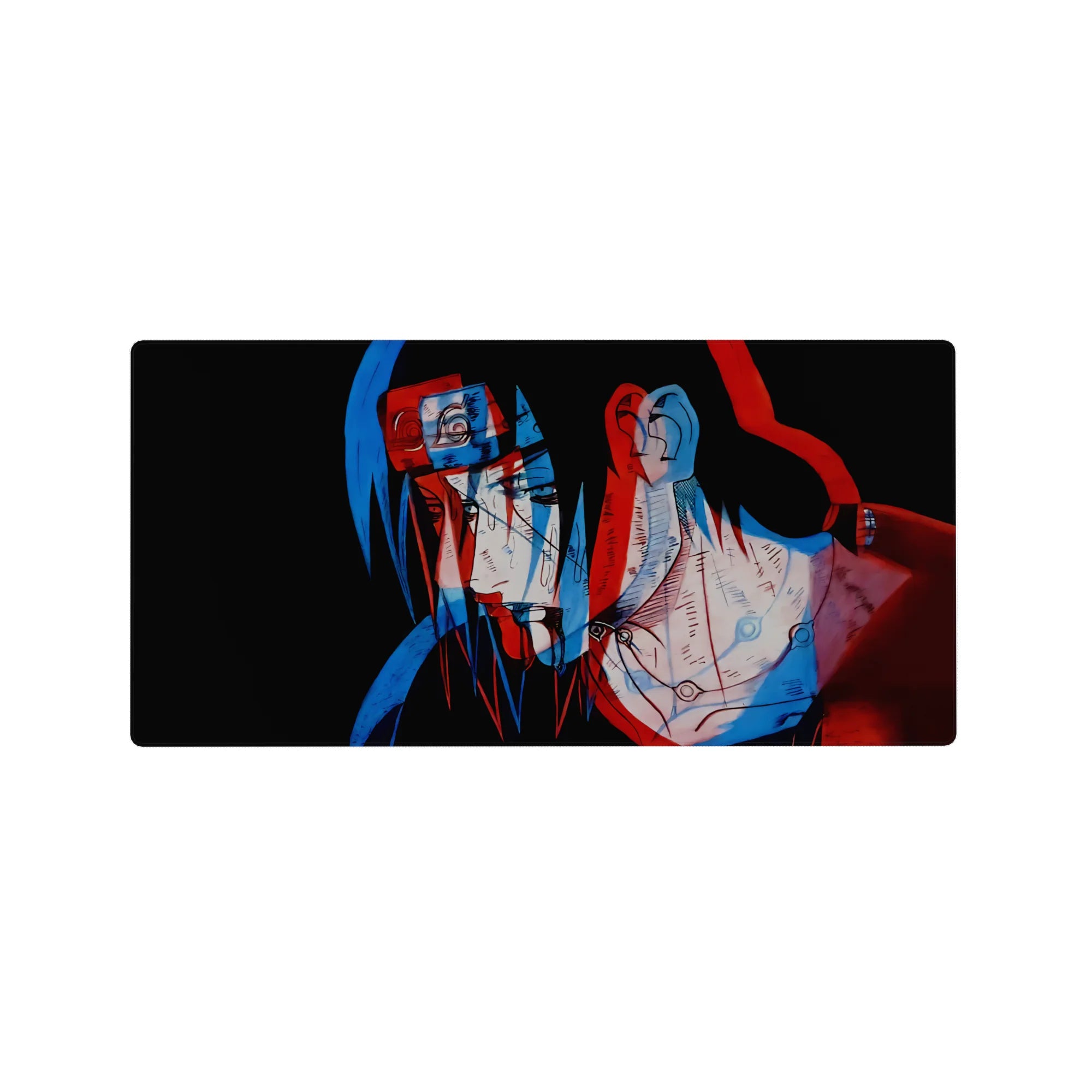 32x16 inches anime mouse pad with red-blue offset Itachi portrait on black, sketchy linework details.
