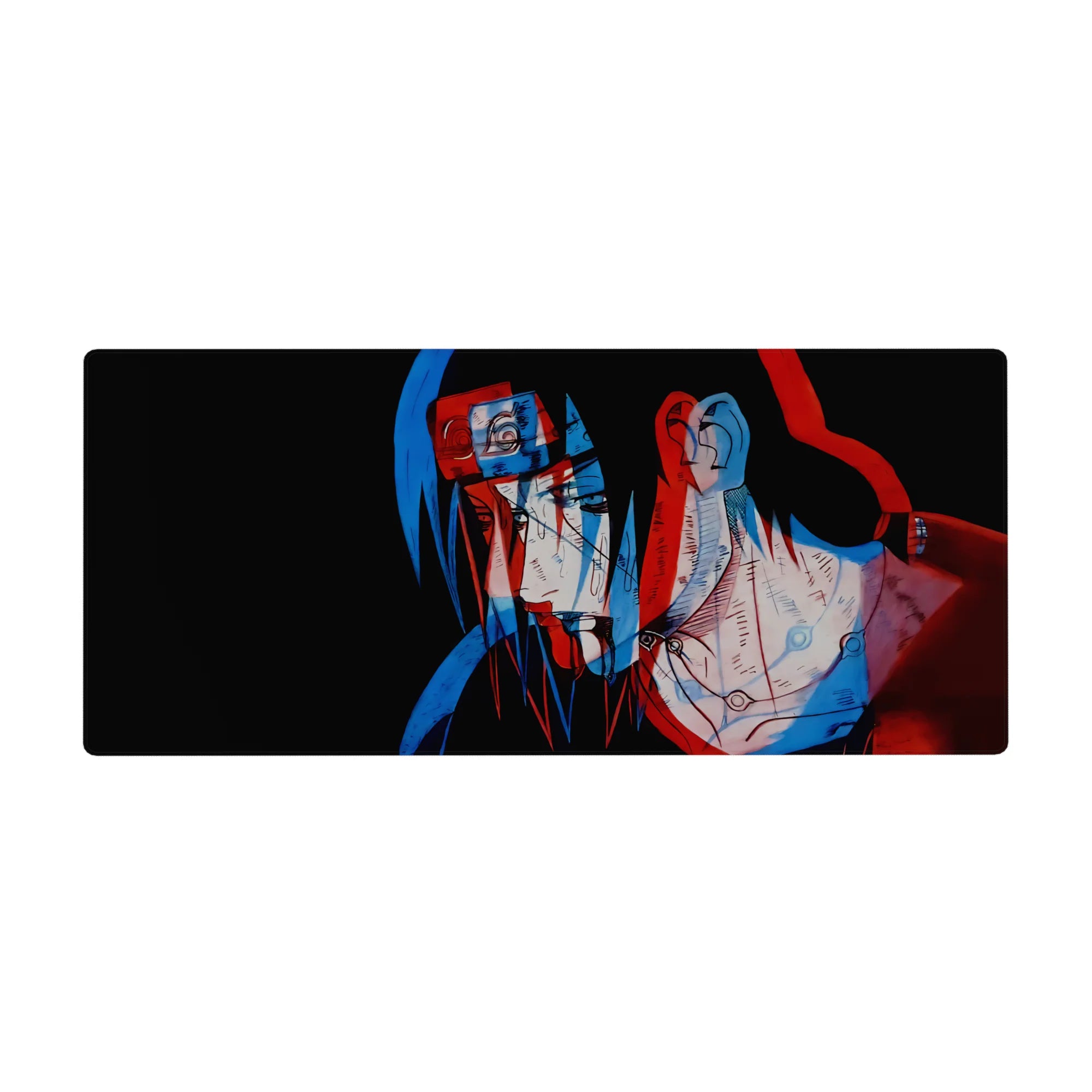 Anime desk pad 36x16 inches with Itachi Uchiha red-blue offset sketch on black background.