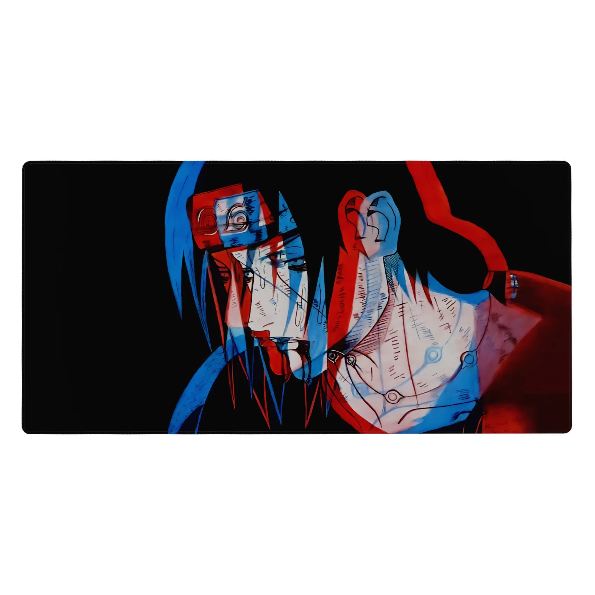 40x20 inches anime desk pad with Itachi Uchiha red-blue offset art on black, sketchy linework.