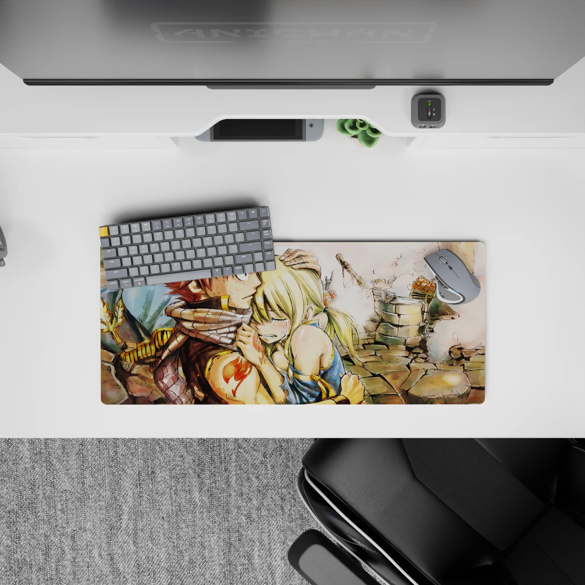 Warm ink-wash anime mouse pad 28x12 inches in dusty stone tones, soft skin hues, tender battle mood.
