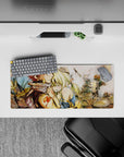 Warm ink-wash anime mouse pad 28x12 inches in dusty stone tones, soft skin hues, tender battle mood.