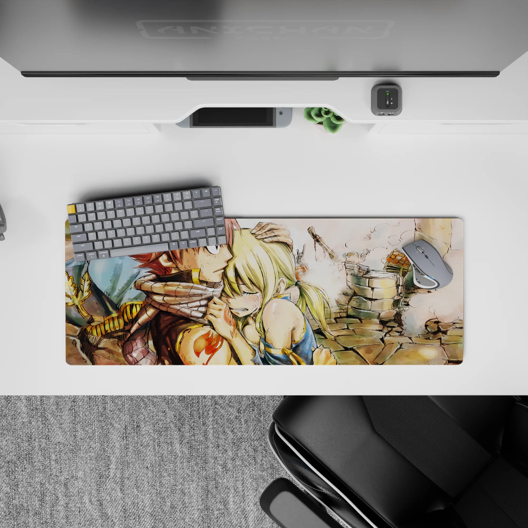 32x12 inches anime mouse pad in warm ink washes, dusty stone ruins tones, bright orange emblem, tender mood.