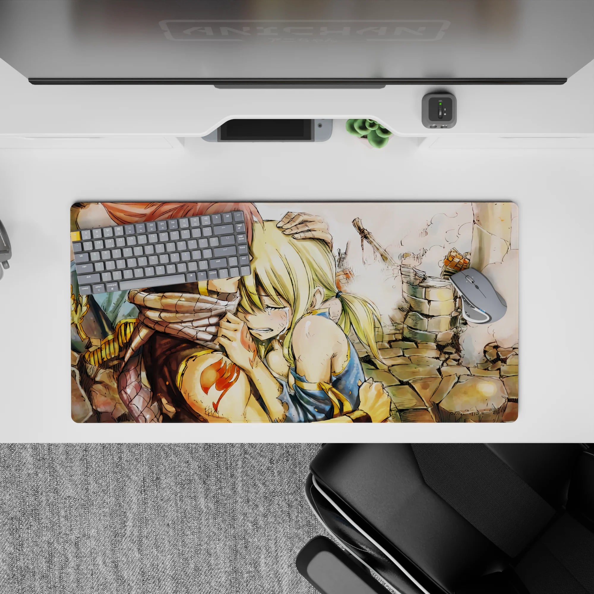 Battle-worn yet tender anime mouse pad 32x16 inches in warm ink washes, dusty stone, drifting smoke.