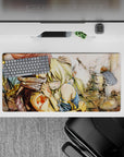 Battle-worn yet tender anime mouse pad 32x16 inches in warm ink washes, dusty stone, drifting smoke.