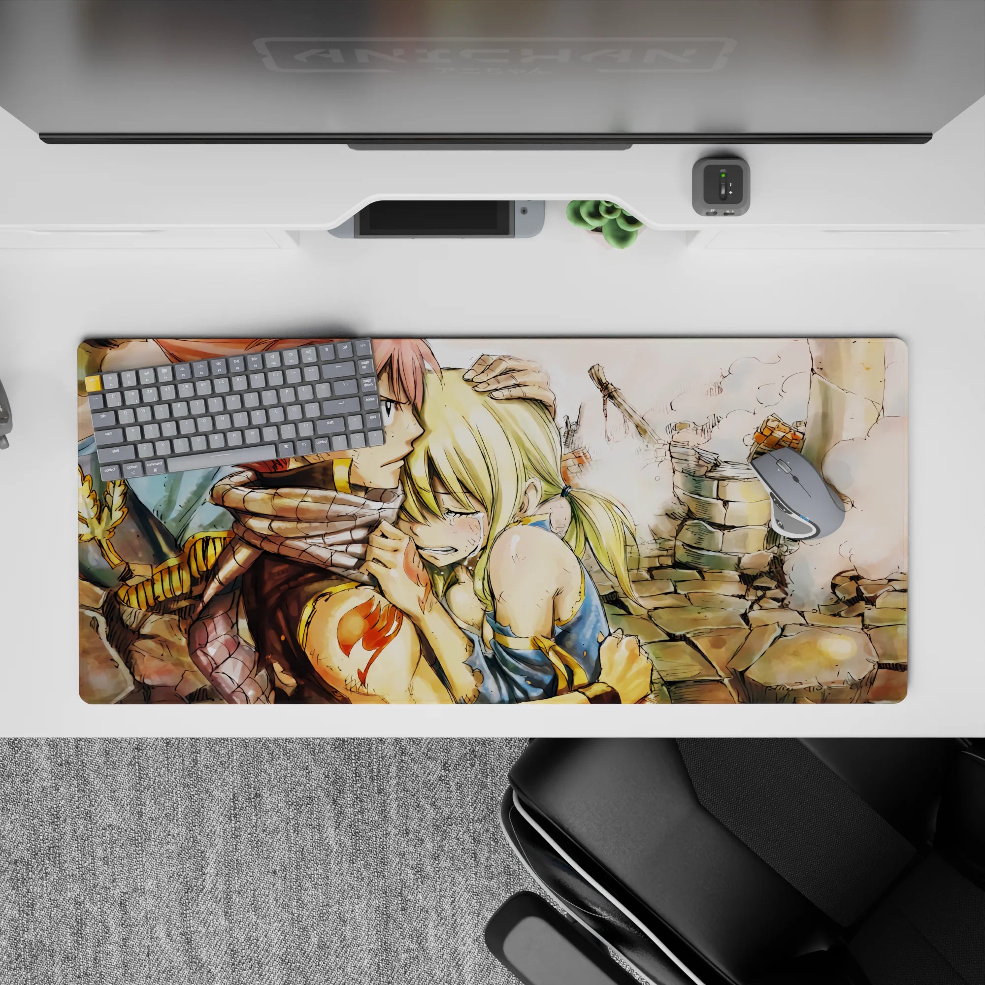 Warm ink-wash anime desk pad 36x16 inches in dusty stone tones with smoky, tender battle mood.