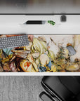 Warm ink-wash anime desk pad 36x16 inches in dusty stone tones with smoky, tender battle mood.