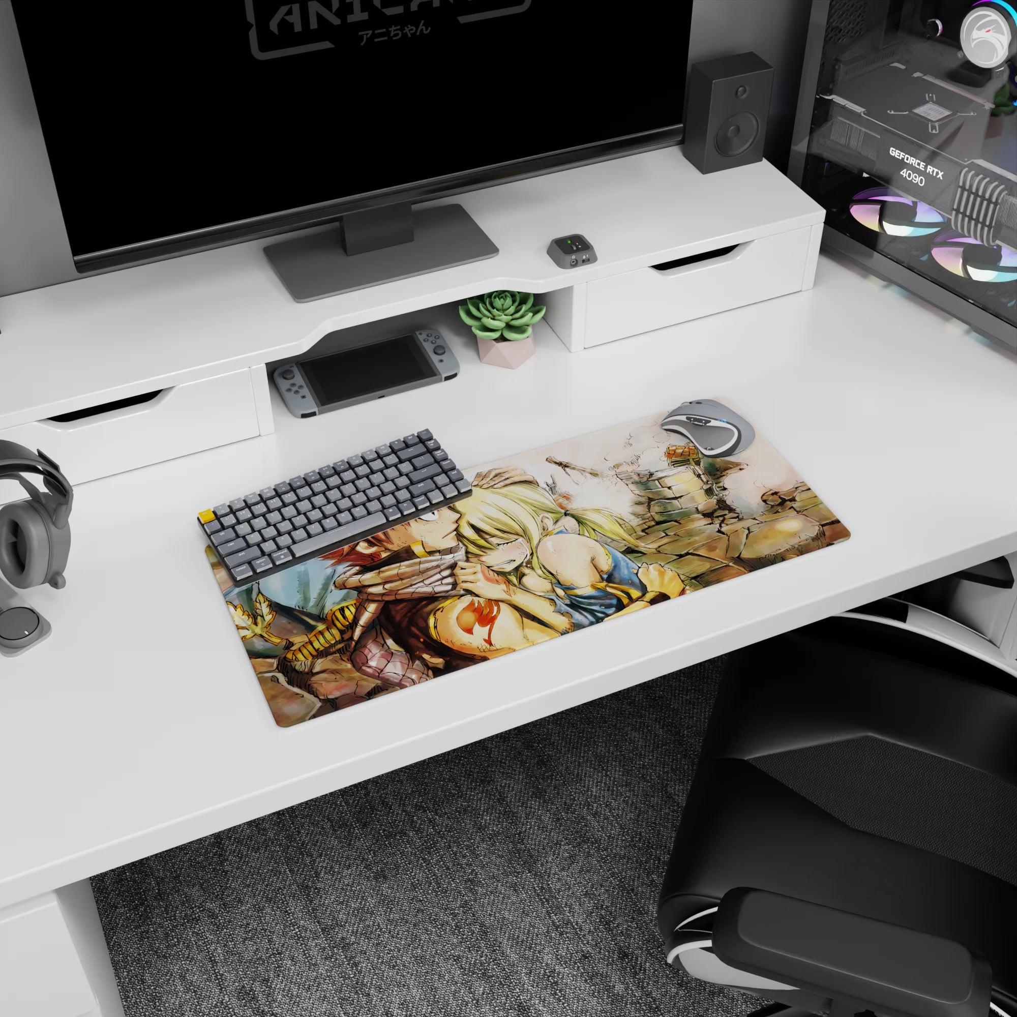 Natsu and Lucy in ruined stone scene anime mouse pad 28x12 inches, scarf close, smoke drifting.