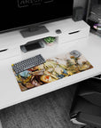 Natsu and Lucy in ruined stone scene anime mouse pad 28x12 inches, scarf close, smoke drifting.