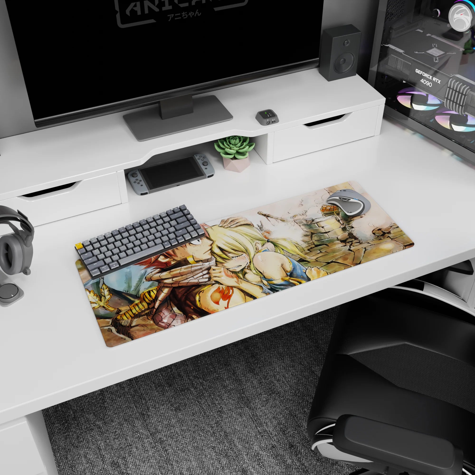 32x12 inches Fairy Tail mouse pad showing Natsu with scarf and Lucy smiling in smoky ruins after battle.