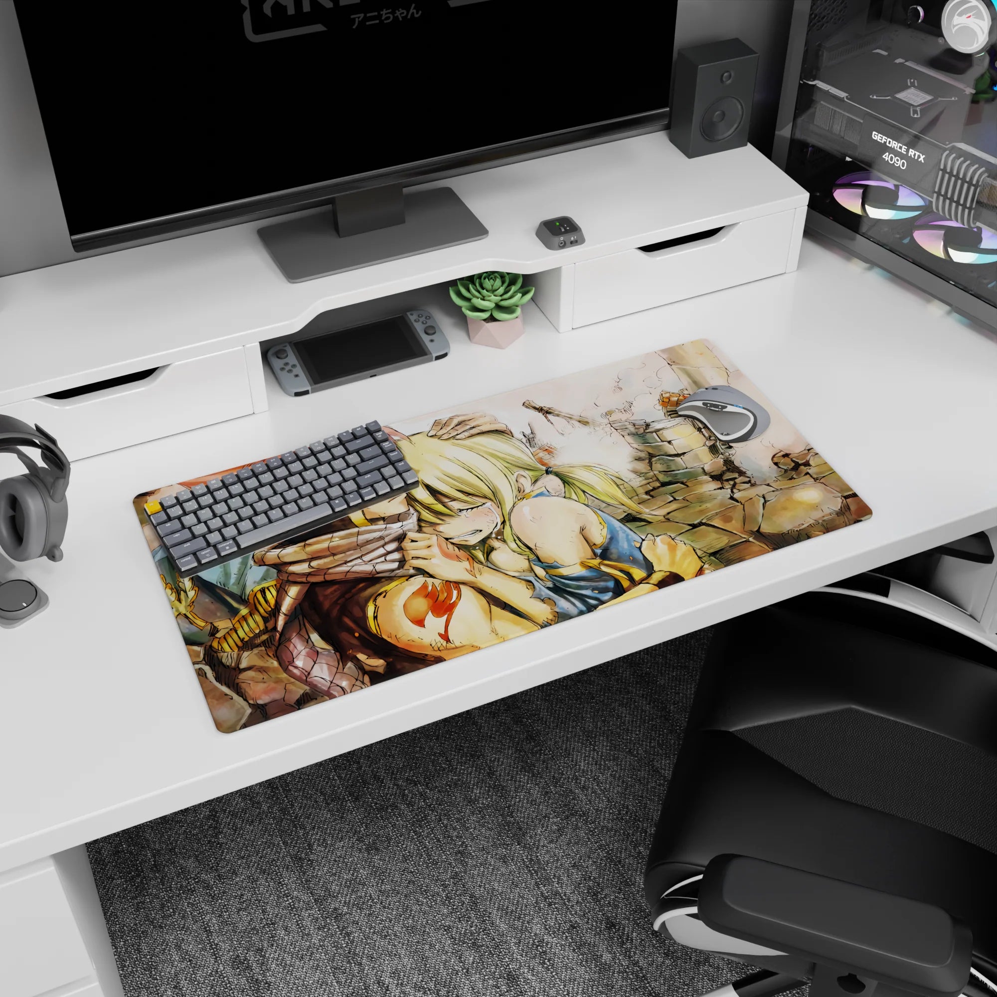 Natsu and Lucy in ruined stone scene anime mouse pad 32x16 inches, scarf close and trembling smile.