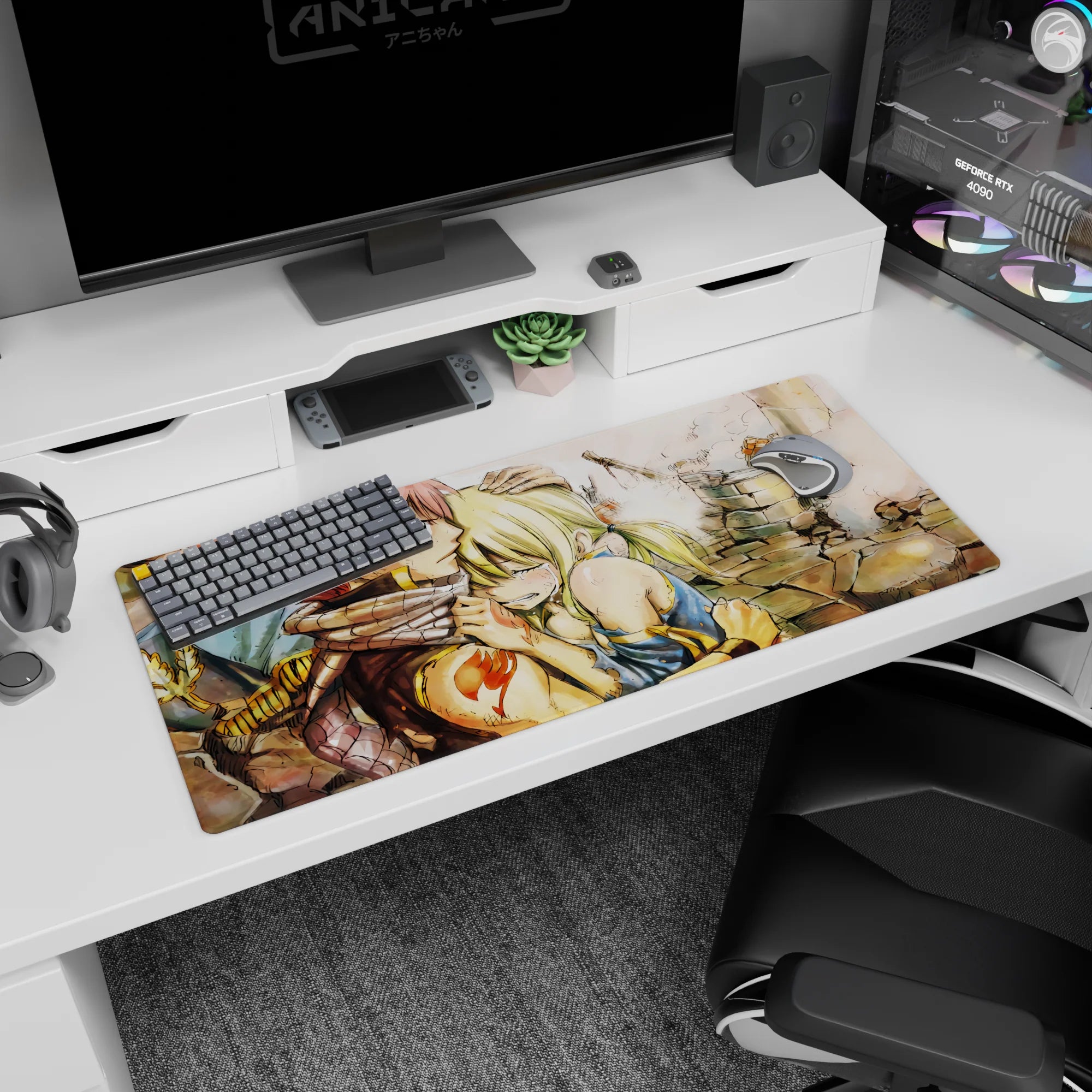 Natsu and Lucy in ruins scene anime desk pad 36x16 inches, scarf close and blond ponytail smile.