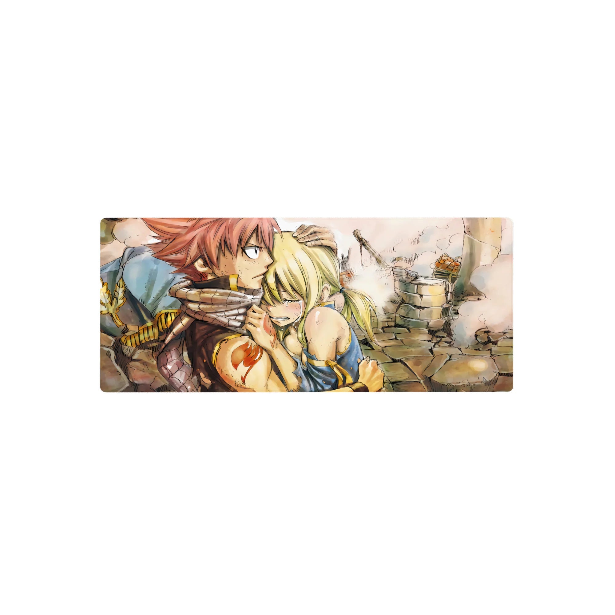 Fairy Tail anime mouse pad 28x12 inches with Natsu and Lucy, orange guild emblem, hand-drawn lines.