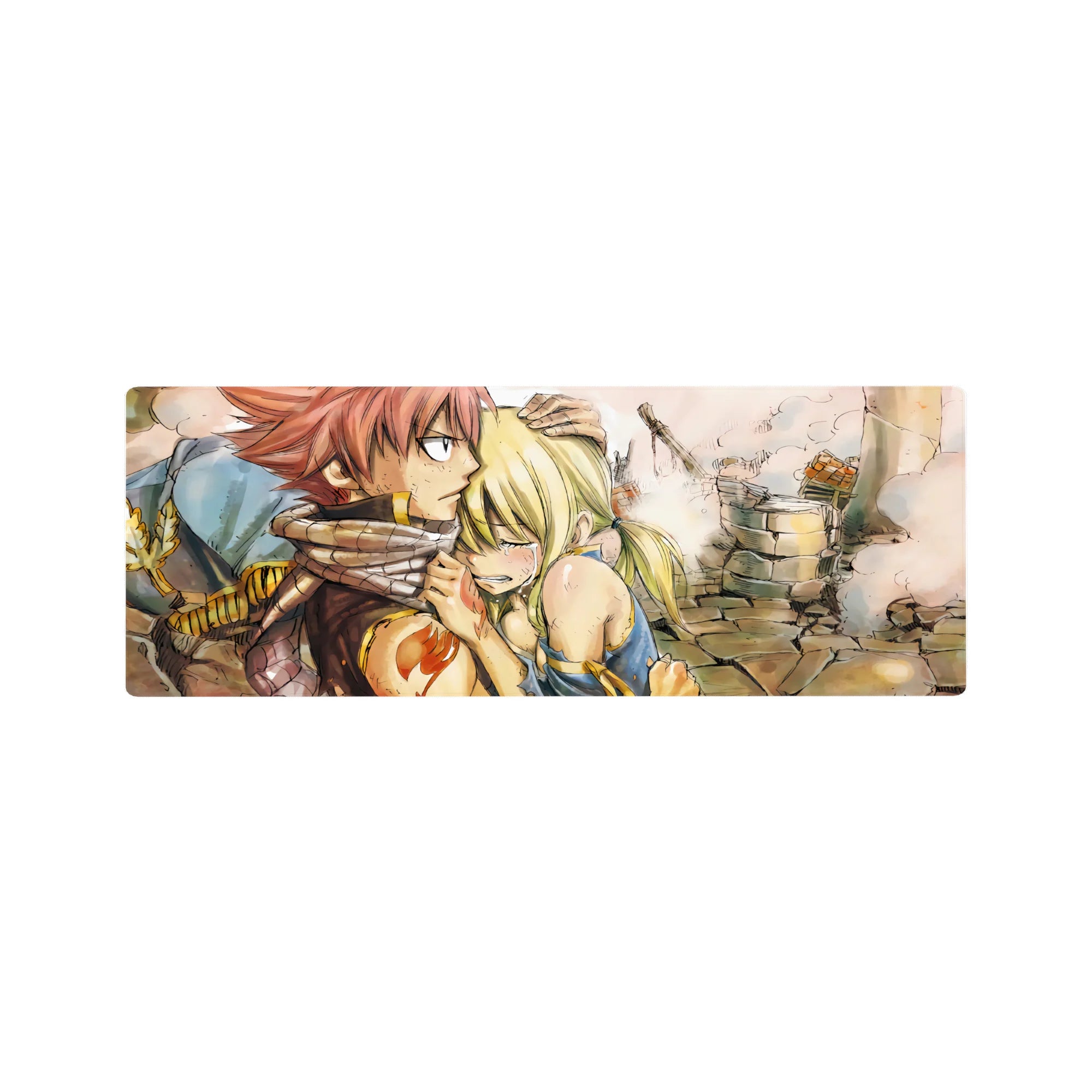 32x12 inches Fairy Tail anime mouse pad with Natsu and Lucy, hand-drawn linework and orange guild emblem.