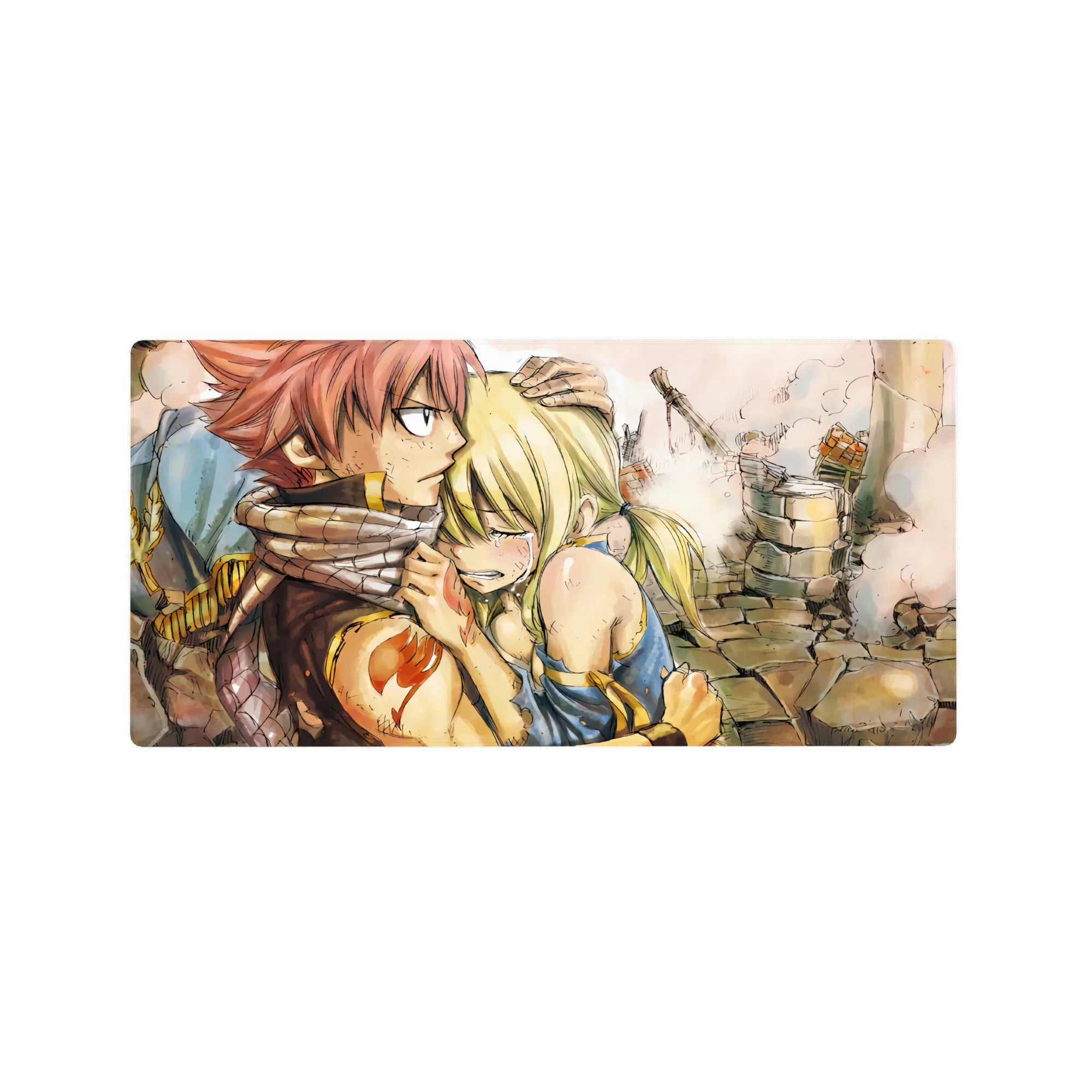 Fairy Tail anime mouse pad 32x16 inches with Natsu and Lucy, hand-drawn look and orange emblem.