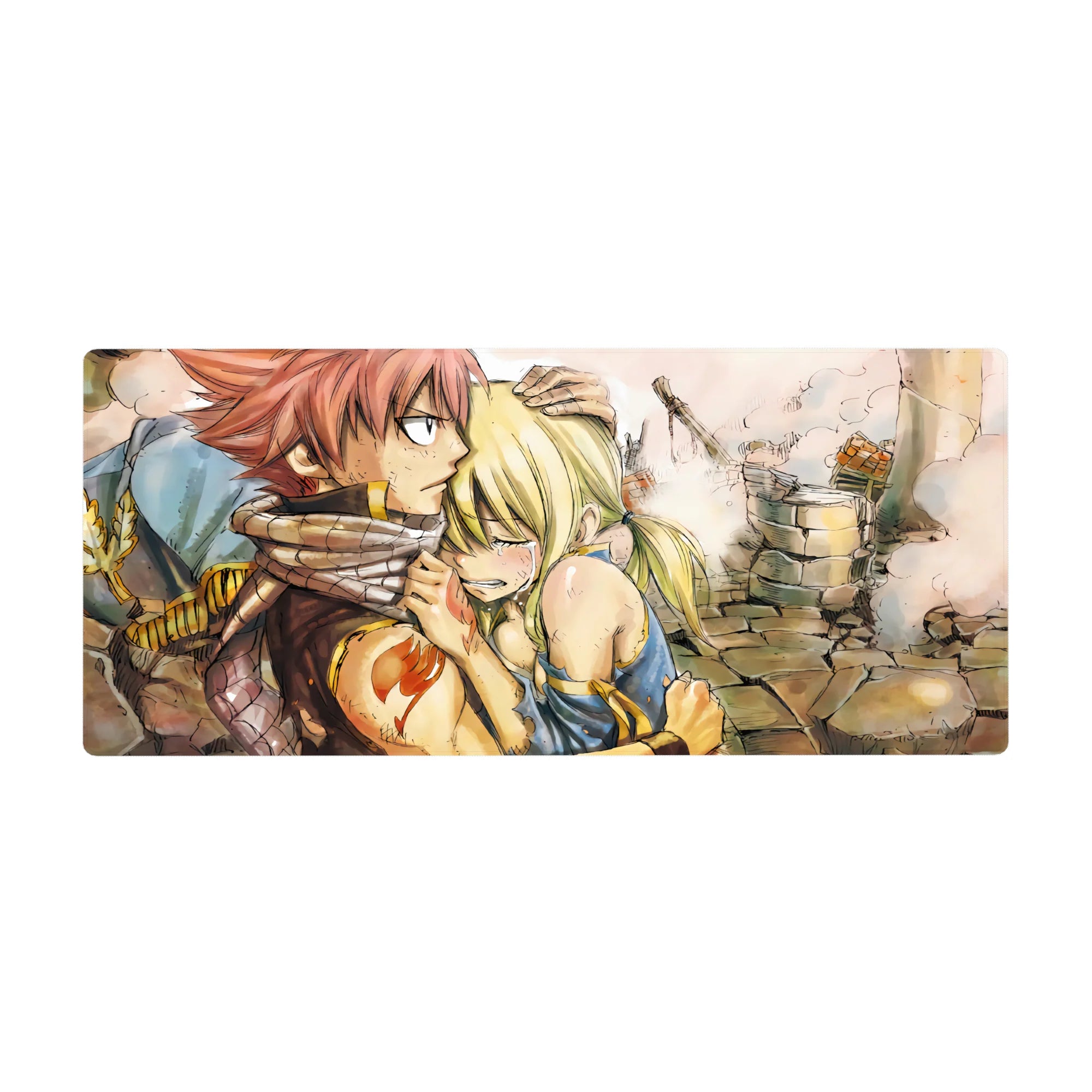 Fairy Tail anime desk pad 36x16 inches with Natsu and Lucy and bright orange guild emblem.