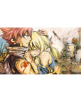Fairy Tail anime desk pad 40x20 inches with Natsu and Lucy, orange guild emblem, hand-drawn look.