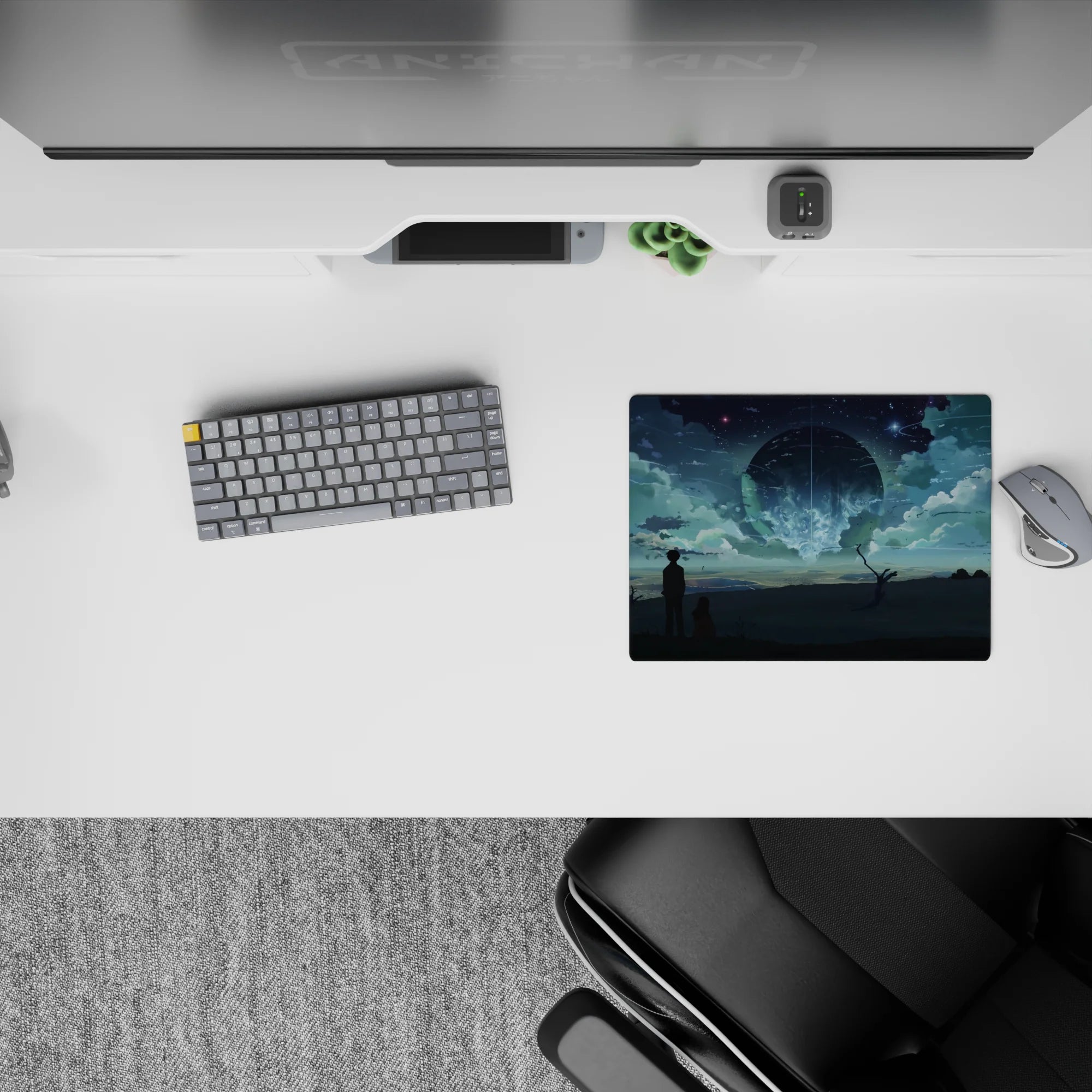 Dreamy teal-and-moonlit blue anime mouse pad 14x10 inches with calm night clouds and star streaks.
