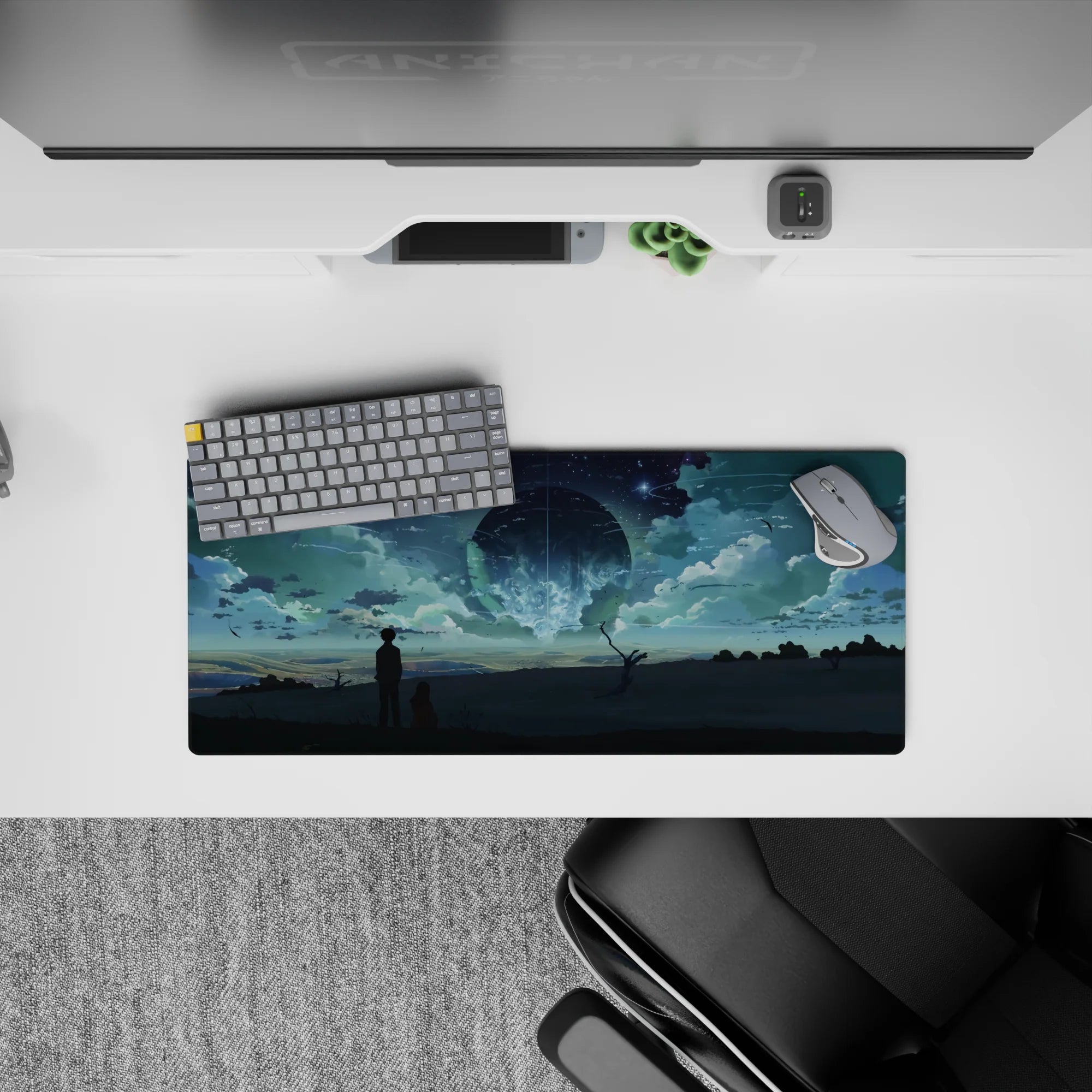 28x12 inches anime mouse pad in deep teal and moonlit blue, calm dreamy sky with streaking stars.
